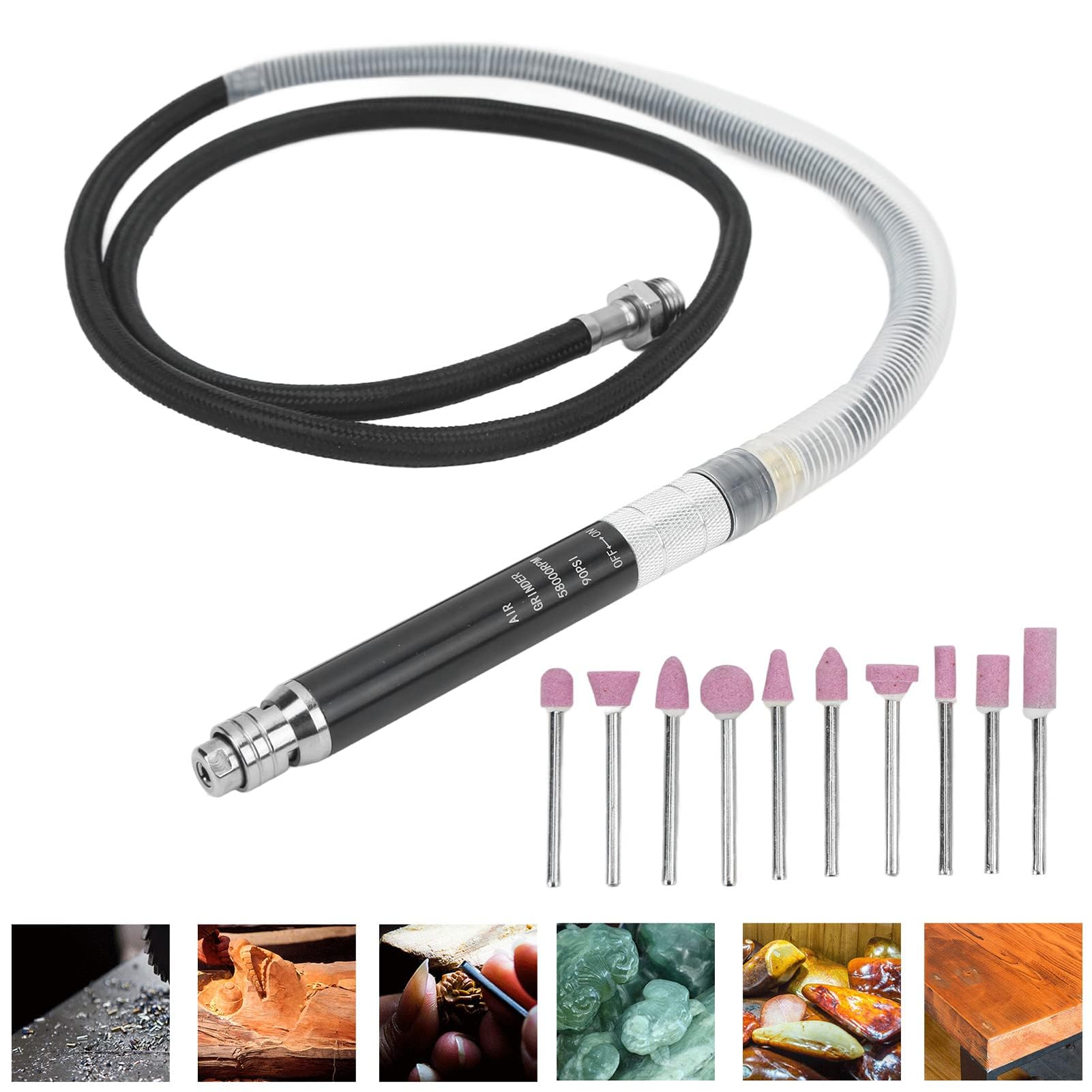 Kit Meuleuse Stylo Pneumatique Professionnel, Mini Meuleuse Air Crayon avec Accessoires, Alliage de Zinc, 65000 tr/min, 90 psi, Pince 1/8 pouce, pour Polissage Gravure Découpe