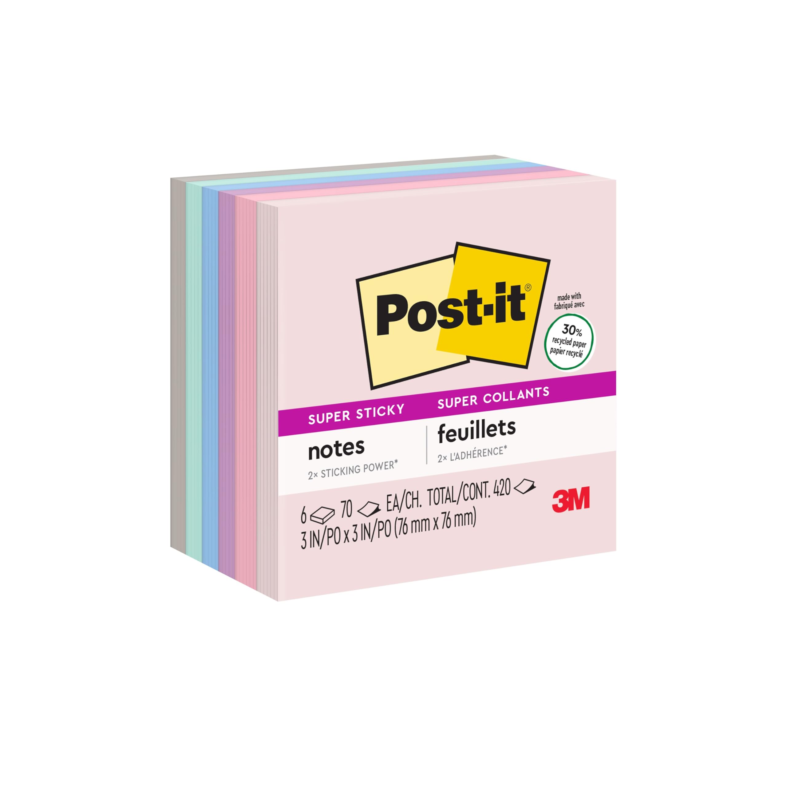 Super Sticky Recycled Notes, 3x3 in, 6 Pads, 2X The Sticking Power, Bali Collection, Pastel Colors (Lavender, Apricot, Blue, Pink, Mint), 30% Recycled Paper (654-6SSNRP)