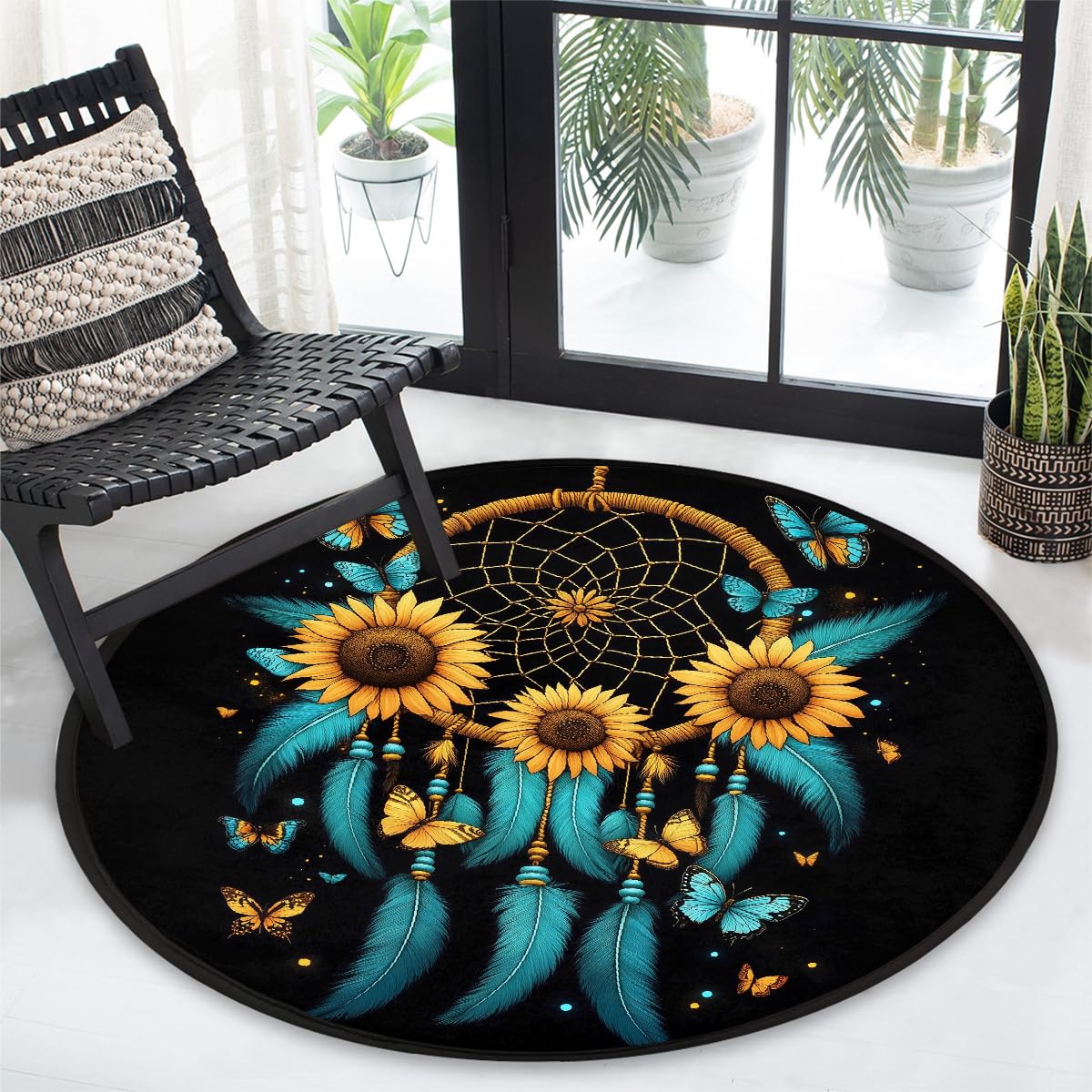 Türkisfarbene Federn, Traumfänger, Sonnenblumen, Teppich, rund, waschbar, Gaming-Teppich für Schlafzimmer, Wohnzimmer, Arbeitszimmer, Bodenmatte, 160 cm