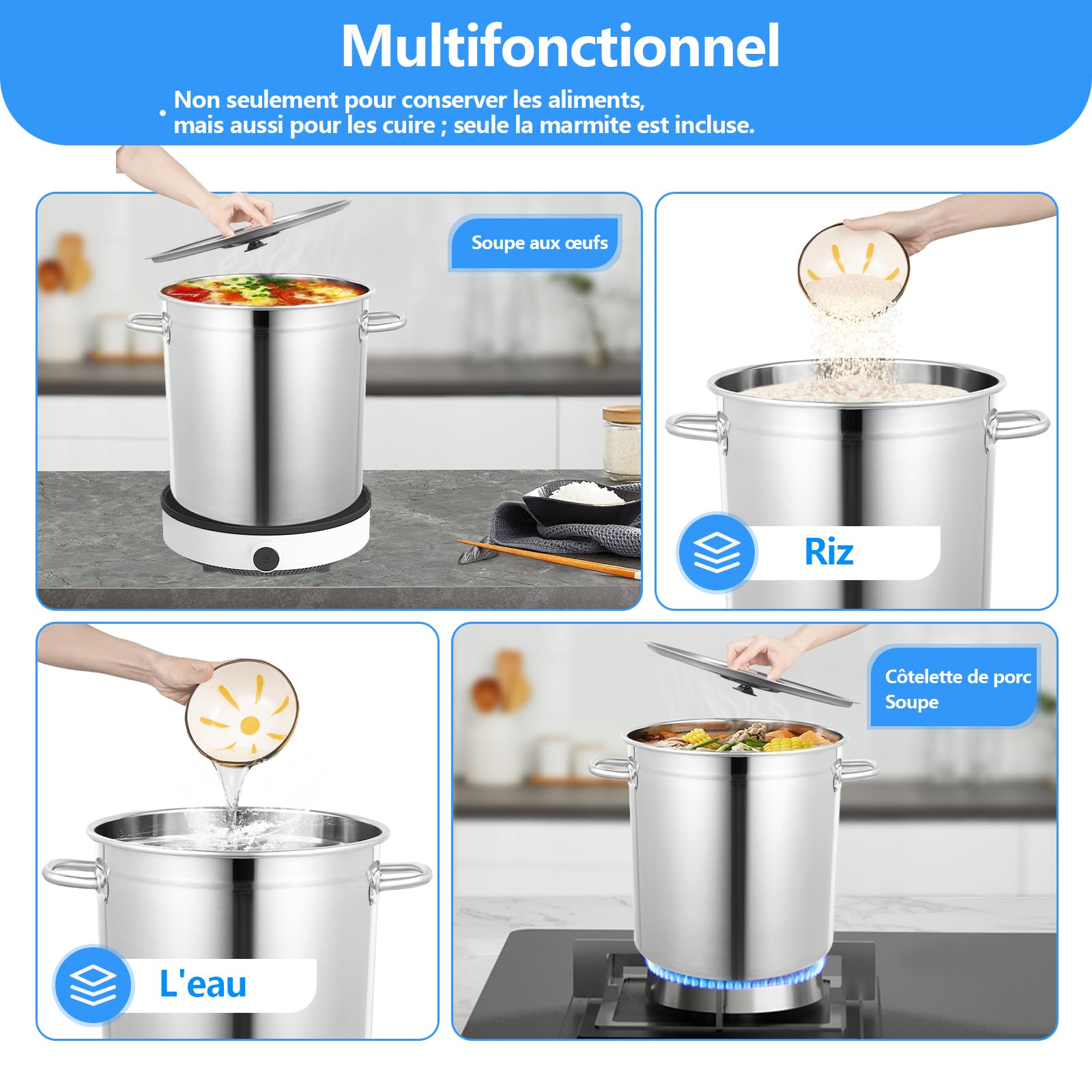 Marmite en acier inoxydable de 35 l - Faitout 35 l - Grande casserole avec fond épais - Fond plat - Couvercle rainuré antidérapant - 35 cm x 36 cm - Grande casserole - Polissage fin