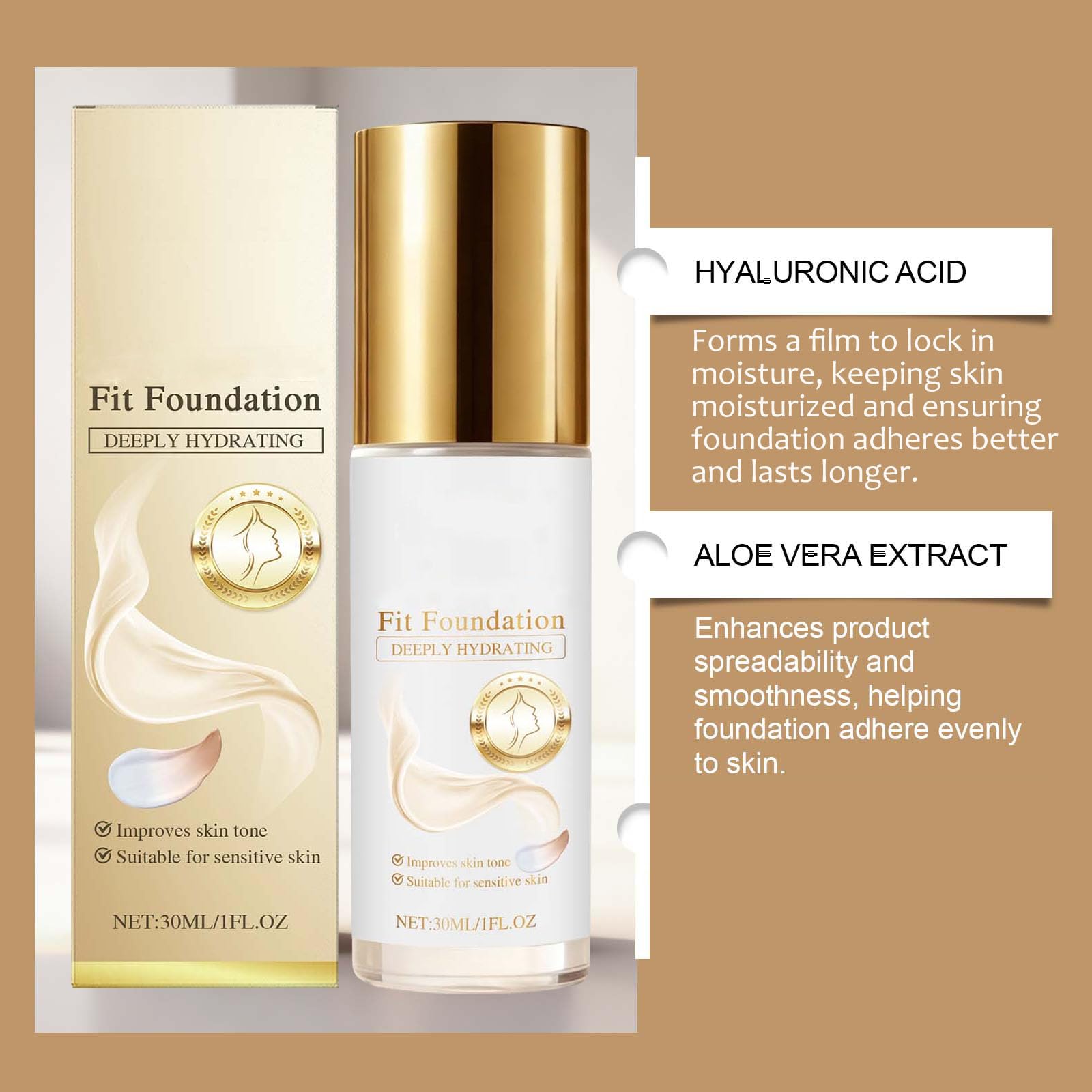 2 in 1, fondotinta a copertura completa, trucco leggero resistente e impermeabile, resistente al sudore, con acido ialuronico, estratto di aloe (5)