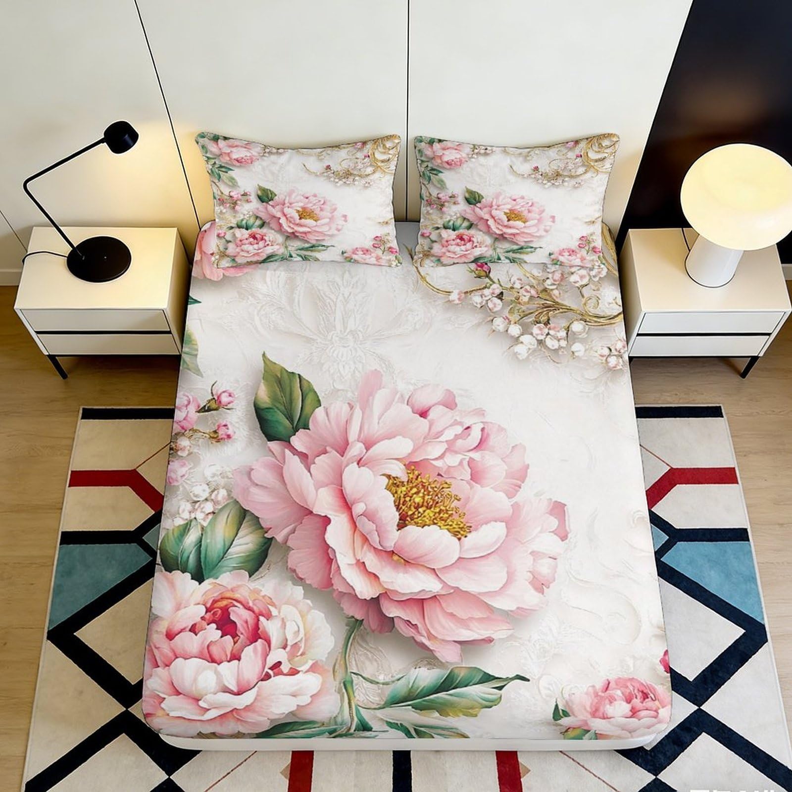 3D Printed Peony Pattern Fitted Sheet Microfiber Deep Pocket Bedroom Bedding Peony Mattress Fitted Cover Washable for Adults 120x200x25cm