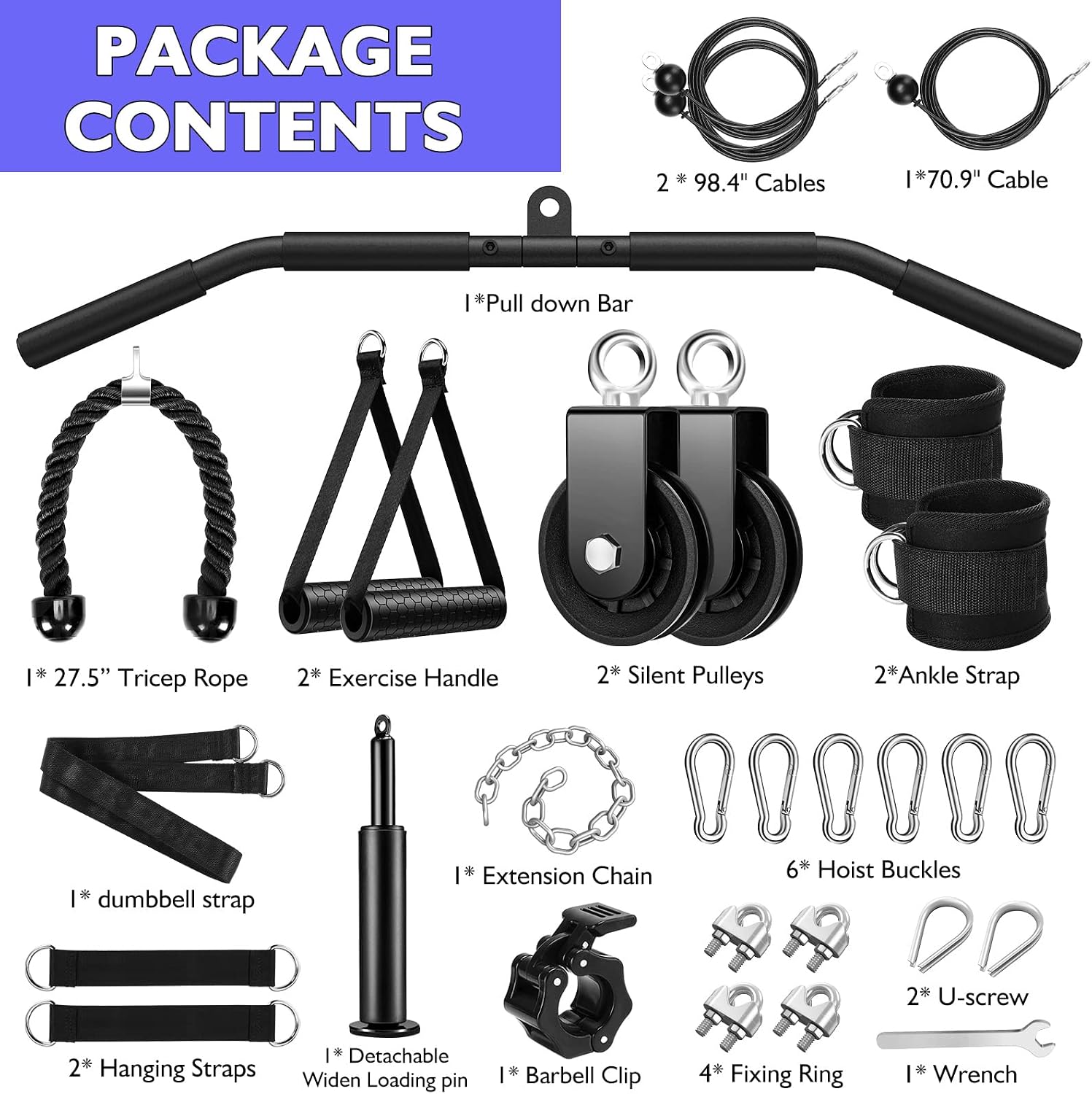 Riiai Weight Cable Pulley System Gym, 2022 LAT Pull Down Cable Pulley Attachments 27/29/32 Pcs Optional, LAT and Lift Pulley System for Home Gym Equipment, Biceps Curl Workout, Tricep Pull Down