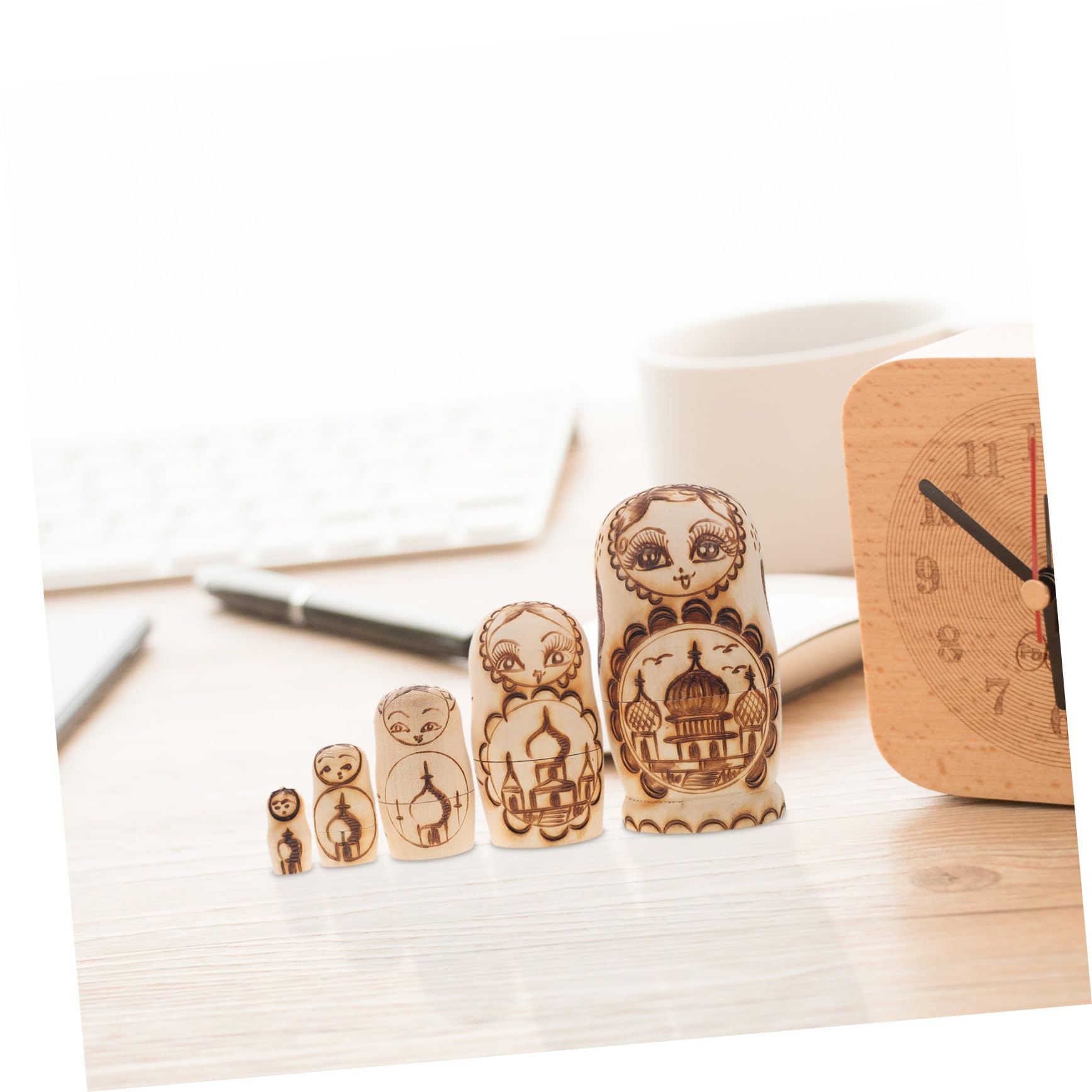 Muñecas Matrioska Rusas De Madera Sin Pintar 5 Capas Relieve Pirograbado Niños Decoración Obsequio Apilable Juego Tradicional Ruso
