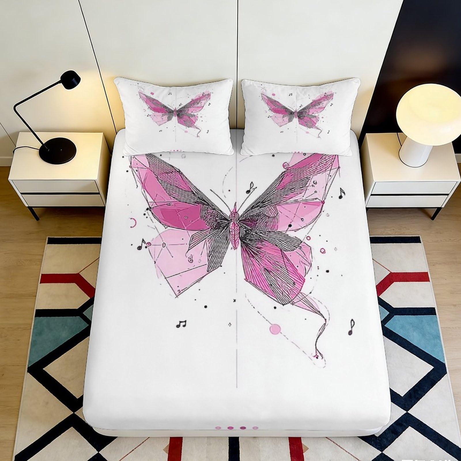 3D Printed Pink Butterfly Fitted Sheet Microfiber Soft Non-slip Artistic Music Note Bed Cover for Bedroom Dorm Mattress Protection 160x200x25cm