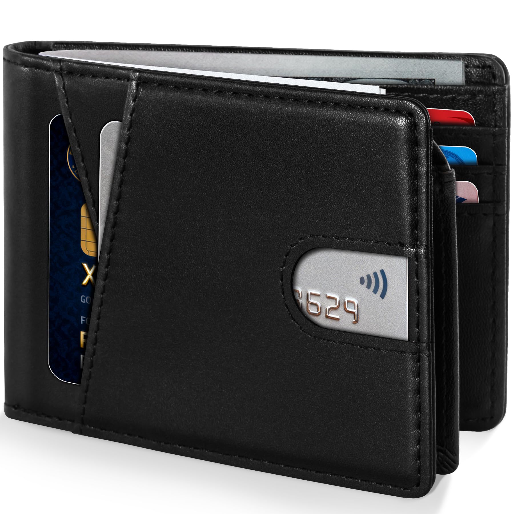 GSOIAX Premium Crazy Horse Leather Wallet for Men-Handcrafted Vintage Bifold Wallet with 11 Card Slots,2 ID Windows & 2 Cash Pockets,RFID Blocking,wallet Gift ideas for Him (Black)