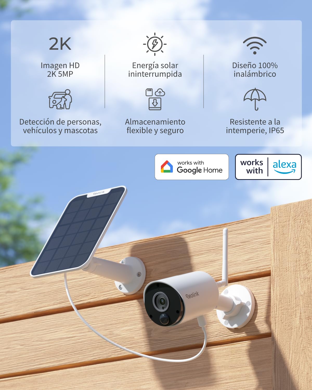 Reolink 5MP Cámara de Vigilancia Inalambrica, Camara Vigilancia WiFi Exterior Solar con Batería, Visión Nocturna, Detección de Personas/Vehículos, Alexa/Google Assistant, Argus Eco+Panel Solar