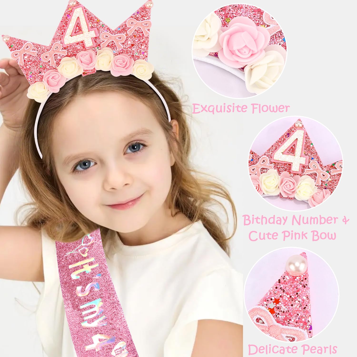 4 Year Old Birthday Headband and Sash Happy 4th Birthday Decorations for Girl Glitter Flower Princess Crown Tiara with Pink Bow Party Costume Outfit Gifts - Image 4