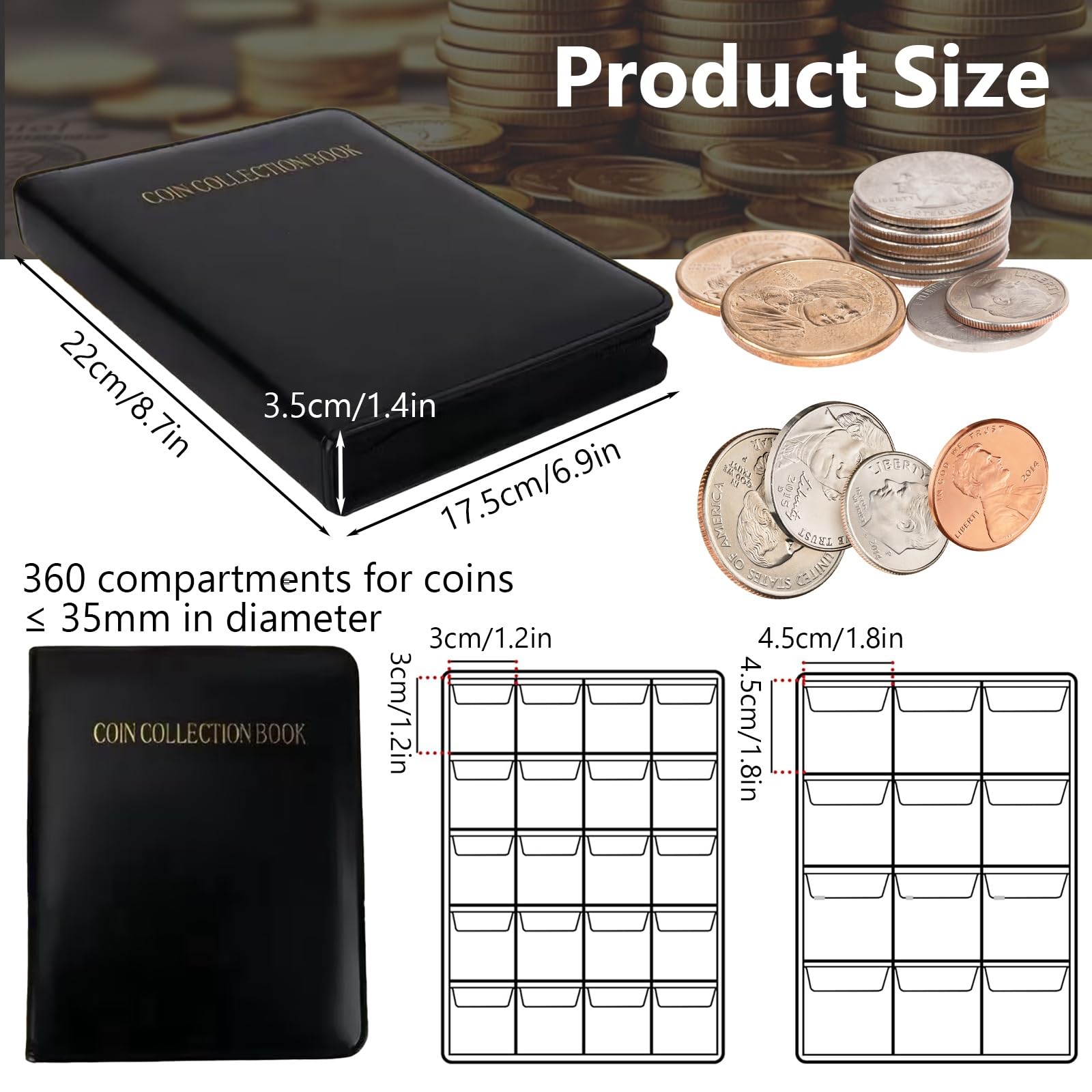 Álbum de colección de monedas para coleccionista, 360 bolsillos con cremallera, 2 páginas de tamaño para monedas de 17/20/23/25/27/30 mm, adecuado para suministros de colección de monedas, centavos