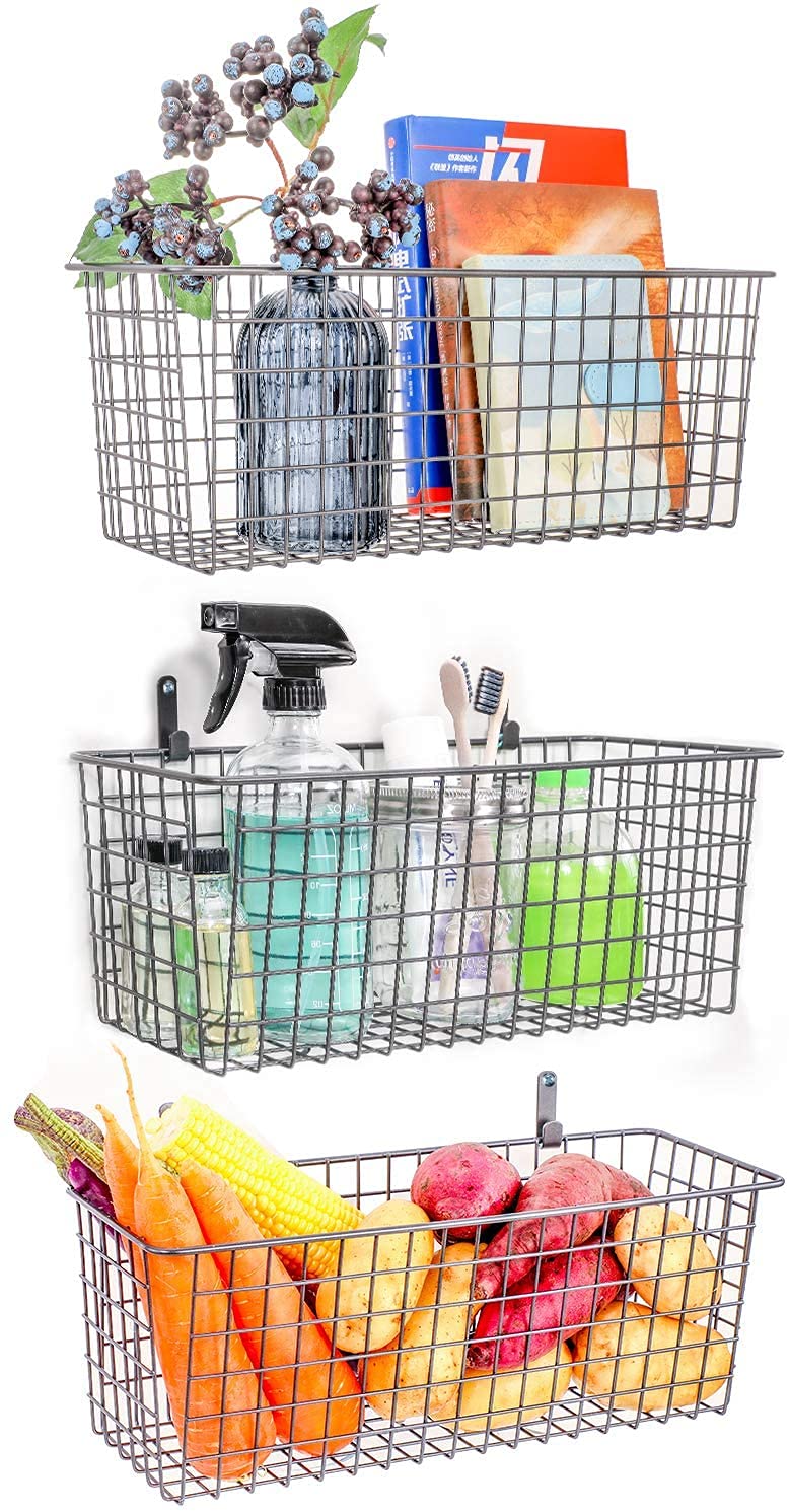 Extra Large Hanging Wall Basket for Storage | Wall Mount Metal Wire Baskets Hanging Cabinet Bin Wall Shelves | Rustic Farmhouse Decor, Kitchen Bathroom Organizer |Set of 3 | Silver-image-40