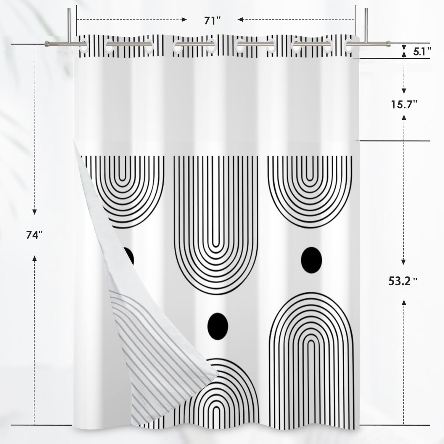 No Hook Shower Curtain with Snap in Liner Set Boho Shower Curtain Mid Century Modern Black and White Abstract Arch Fabric for Bathroom 71x74 Inch