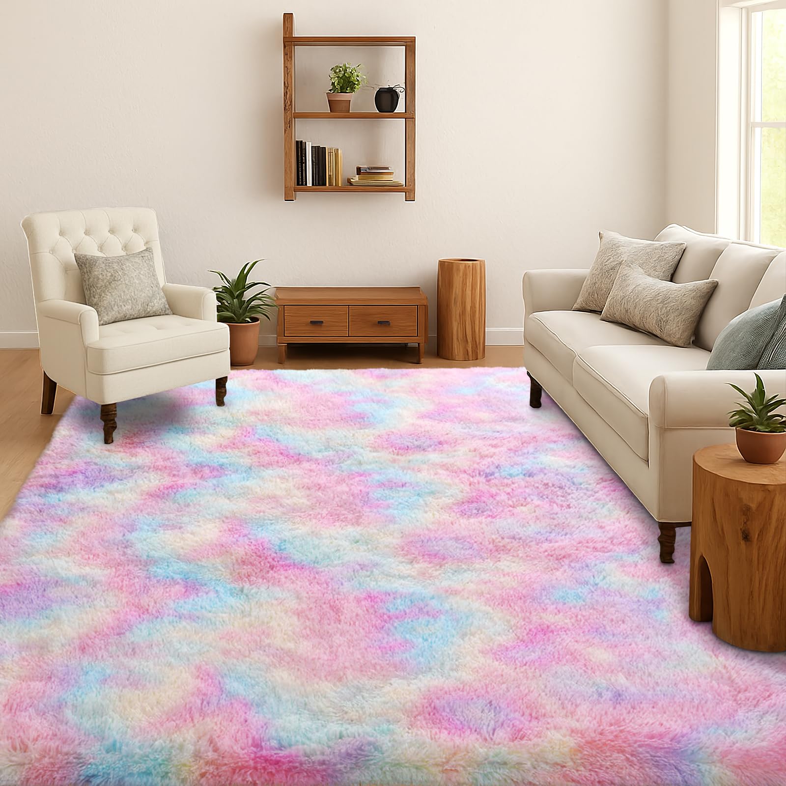 SOANNY Hochflor Wohnzimmer Teppich, Waschbar Anti-Rutsch & Flauschig, Tie-Dye Langflor Shaggy Teppiche für Schlafzimmer & Kinderzimmer, Bettvorleger Matte, 160 x 230 cm, Pastell Regenbogen