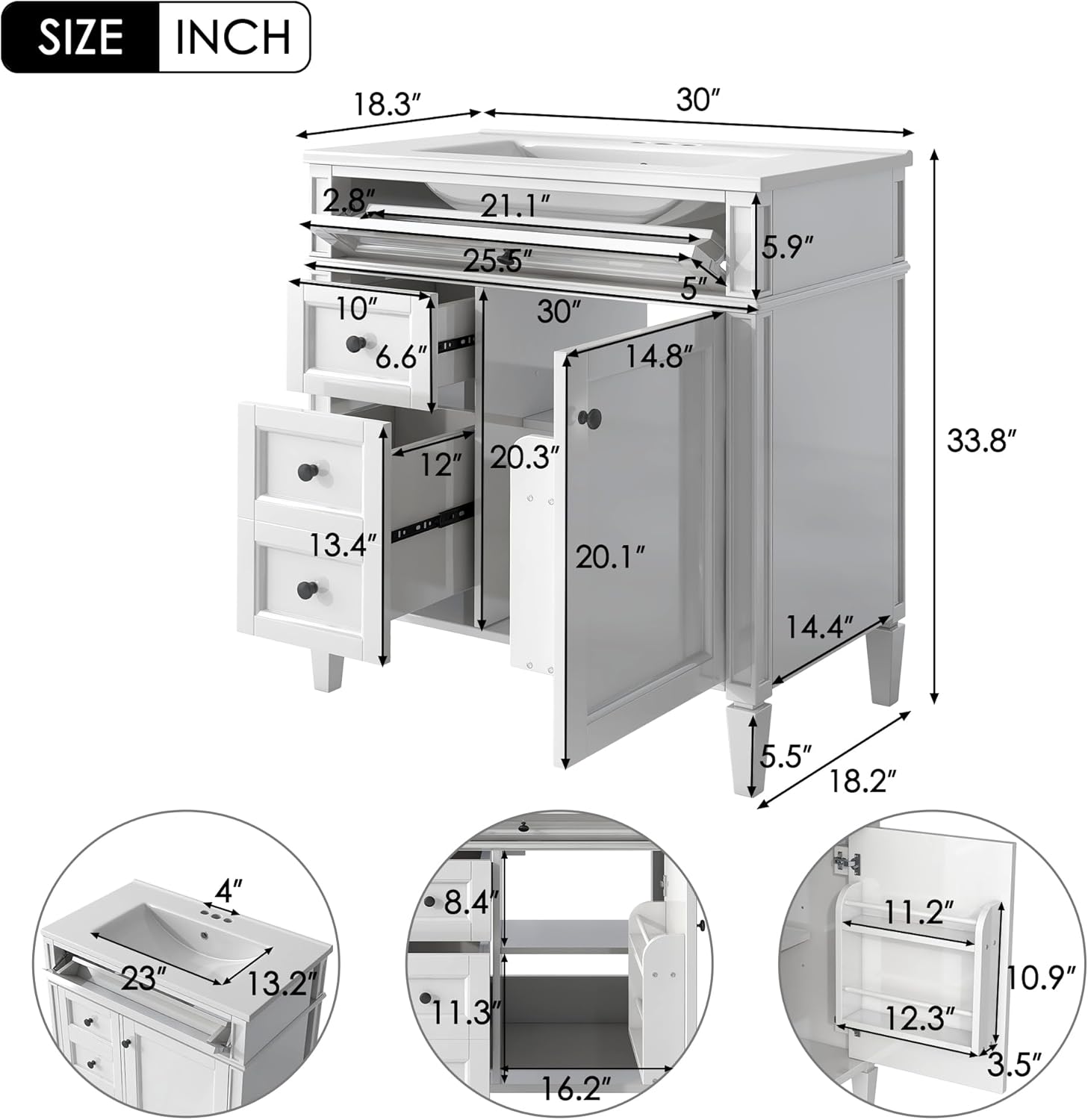 Virubi 30" Bathroom Vanity with Ceramic Sink, Modern Freestanding Storage Cabinet with 1 Door, 2 Drawers & Tip-Out Drawer, Solid Wood Frame