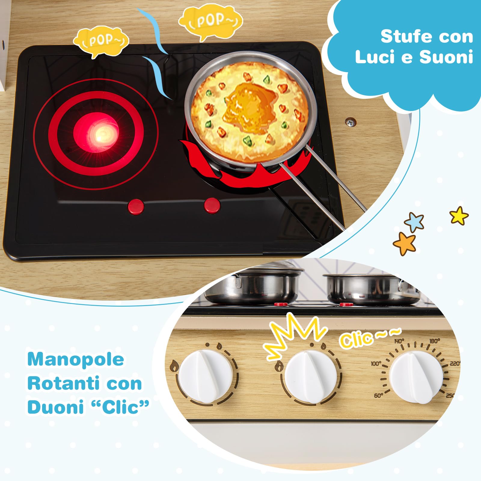 RELAX4LIFE Cucina Giocattolo per Bambini, Mini Cucina in Legno con Luci e Suoni Reali, Utensili da Cucina, Set Giocattoli per Bambini 3+ Anni, 31 x 55 x 75 cm