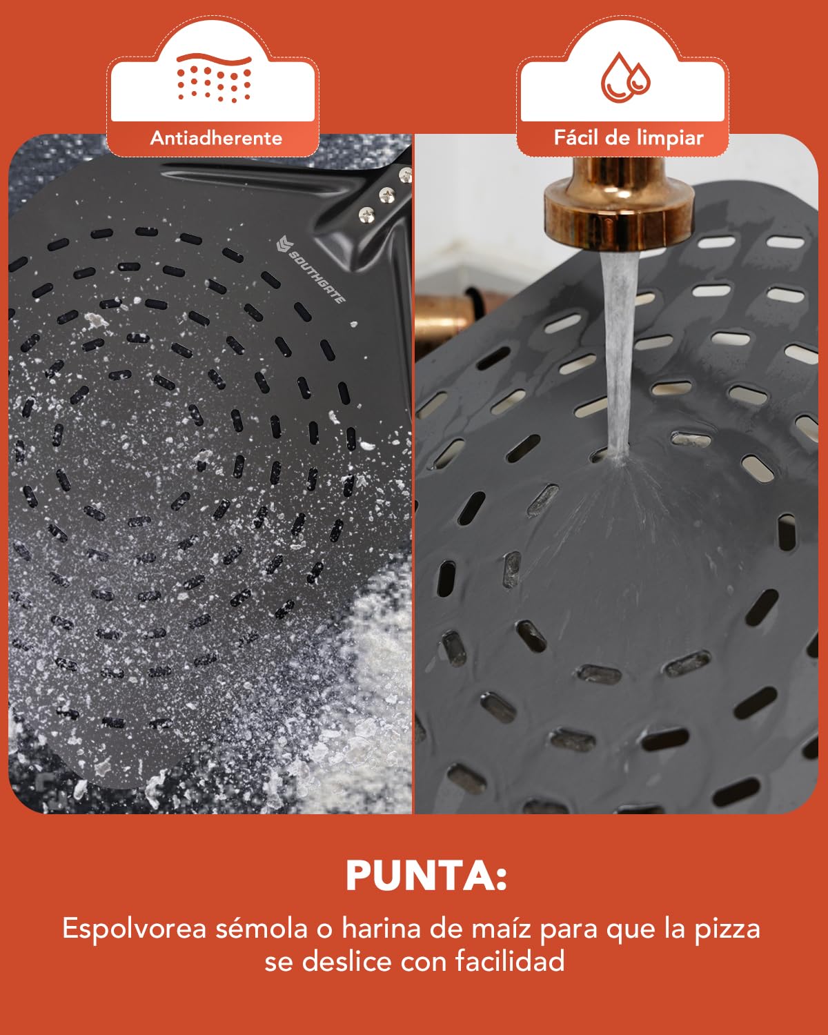SOUTHGATE Pala para Pizza Horno Perforada, 30 x 36 x 74 cm, Pala Perforada de Aluminio Anodizado Duro para Deslizarse Fácilmente Sobre Piedra para Pizza, Empujador de Pizza con Mango de Silicona