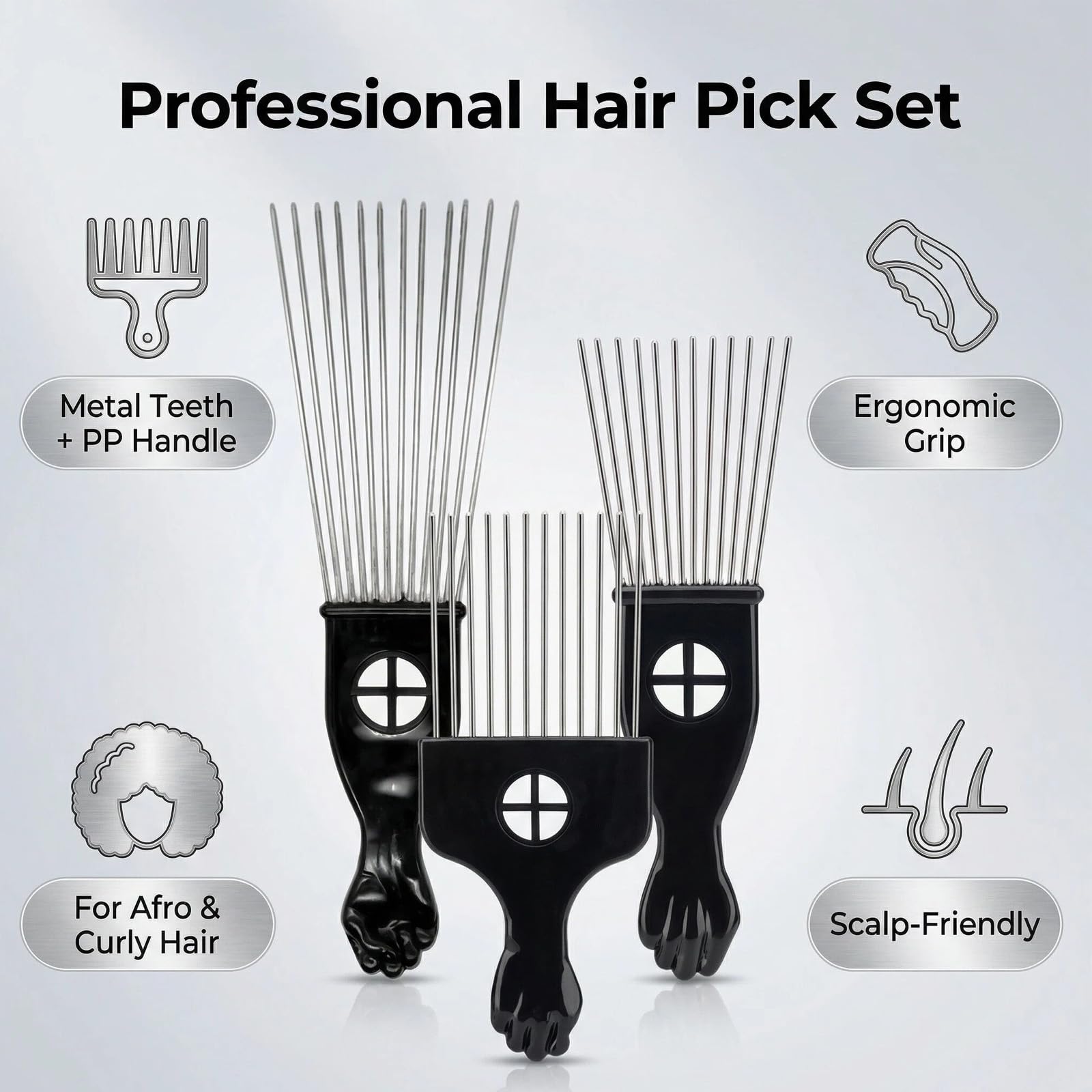 Peine de dientes anchos para cabello rizado y grueso de metal (3 unidades, herramienta de peluquería para hombres y mujeres, con mango de plástico)