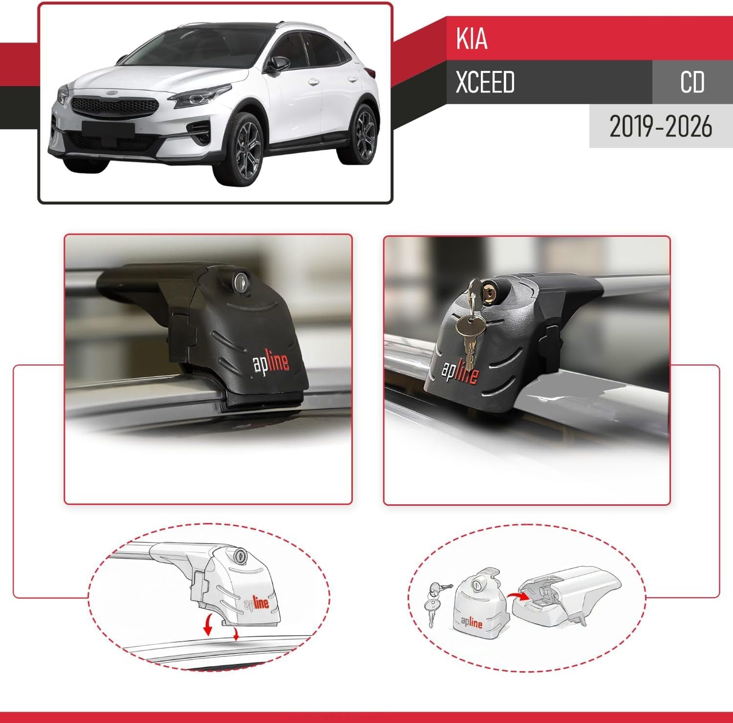 Compatible with Kia XCeed (CD) 2019-2026 ACE-2 Type Car Roof Rack Cross Bar Grey Aluminium Bars