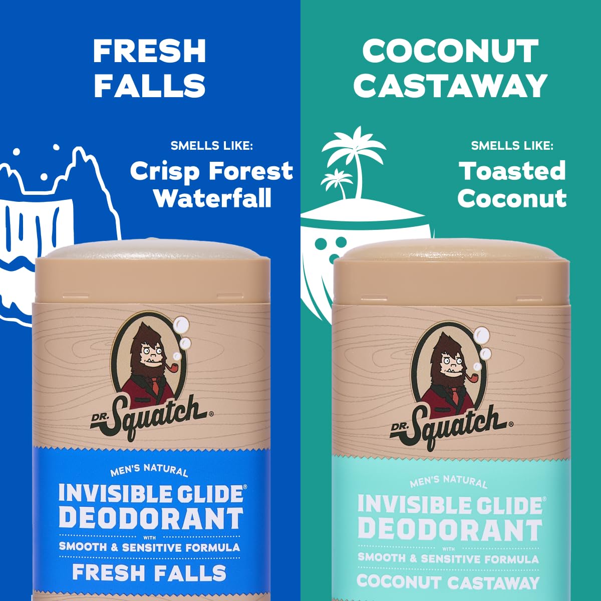 Dr. Squatch Invisible Glide Natural Men’s Deodorant – Smooth Glide, No Stains – Aluminum Free Deodorant Men – Safe for Sensitive Skin – Fresh Falls + Coconut Castaway, 2.65oz (2-Pack)