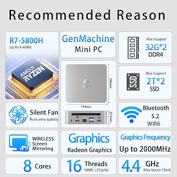 Mini PC AMD Ryzen 7 5800H Mini Computers Up to 4.4GHz 8c/16t, 32GB DDR4, 1TB SSD & M.2 NVME, Gaming PC with Wifi6/BT5.2/DHMI/DP, Gaming/Office/Design