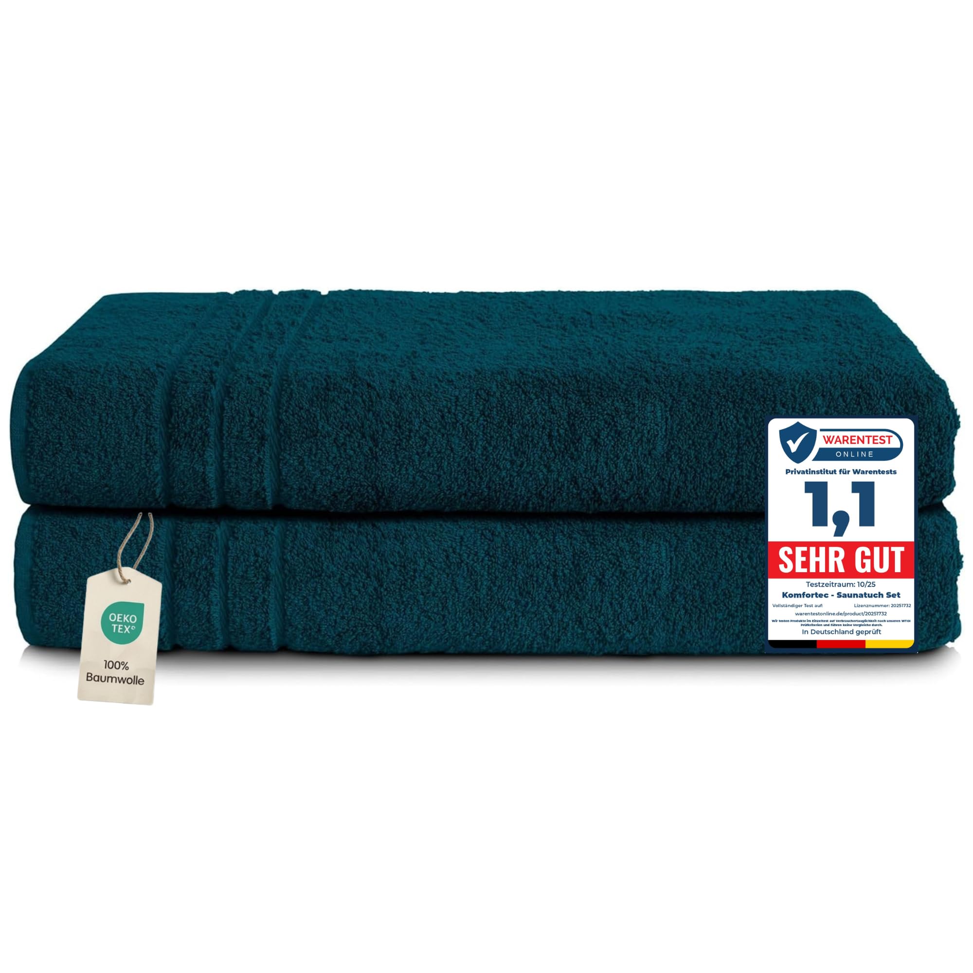 Komfortec 2er Saunahandtuch Set 80x200 cm, Große Saunatücher aus 100% Baumwolle, Sauna Handtücher, Flauschig und Saugstark, Schnelltrocknend, Petrol
