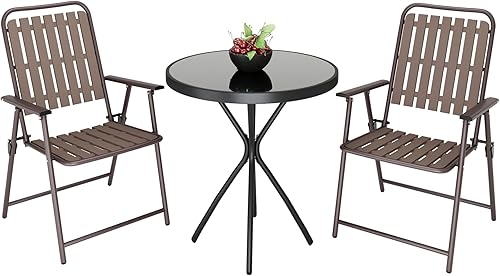 Miniatura 9 de Juego de 3 piezas de mesa y sillas plegables para patio y exteriores, juego de 2 muebles de comedor para patio, no se ensamblan, muebles
