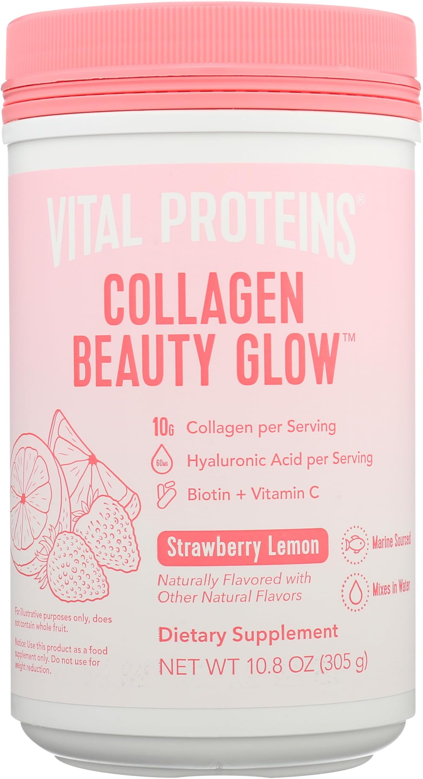 Vital Proteins Collagen Beauty Glow, Marine-Based Collagen Peptides Supplement - 10g of Collagen Per Serving - Hyaluronic Acid & Biotin & Vitamin C - Strawberry Lemon 10.8oz