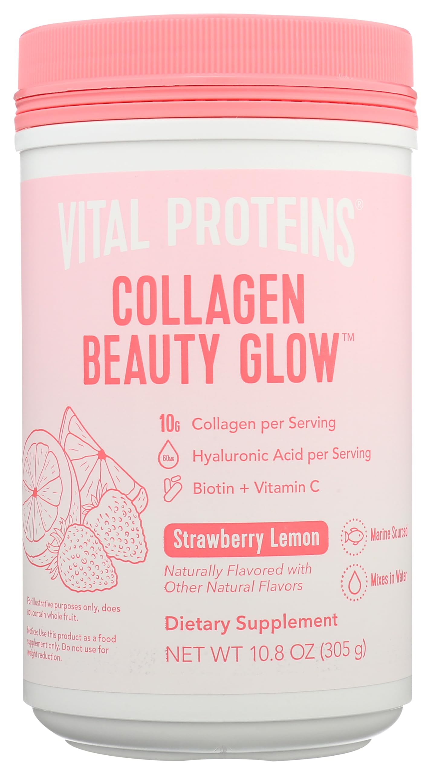 Vital Proteins Collagen Beauty Glow, Marine-Based Collagen Peptides Supplement - 10g of Collagen Per Serving - Hyaluronic Acid & Biotin & Vitamin C - Strawberry Lemon 10.8oz