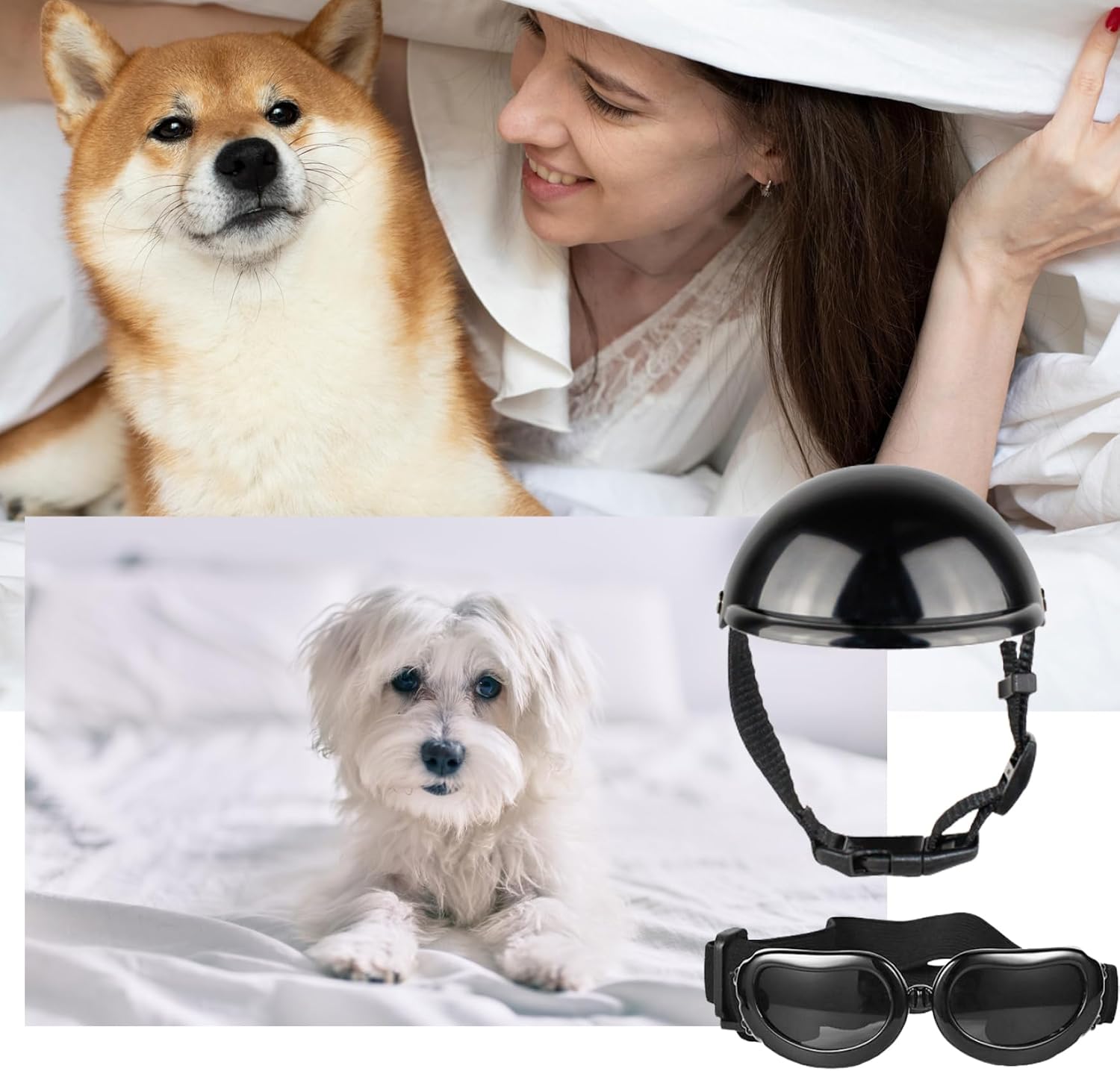 Dog Helmet and Goggles 2Pcs/Set Adjustable Chin Strap Dome Dog Helmet with Ear Hole Windproof Stylish Decorative Goggles Pet Supplies ...