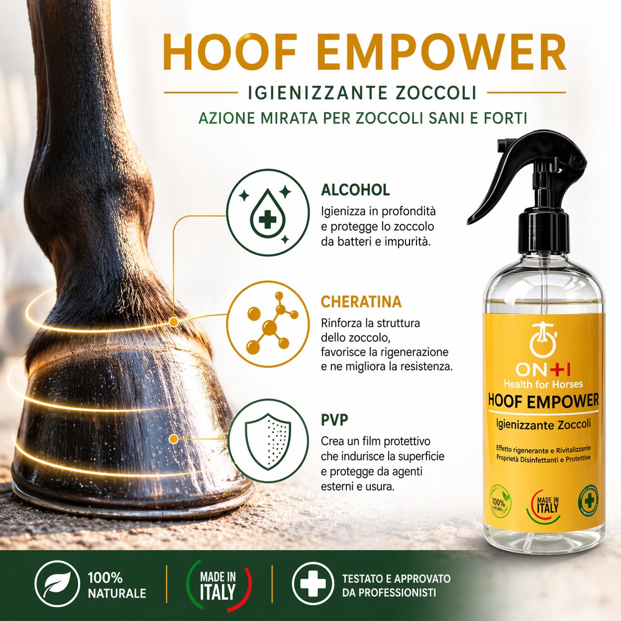ON-H Hoof Empower 500 ml | Igienizzante e Rinforzante per Zoccoli Cavalli | Protegge da Umidità e Impurità - Favorisce Struttura Forte e Sana | Ideale per Uso Quotidiano in Scuderia