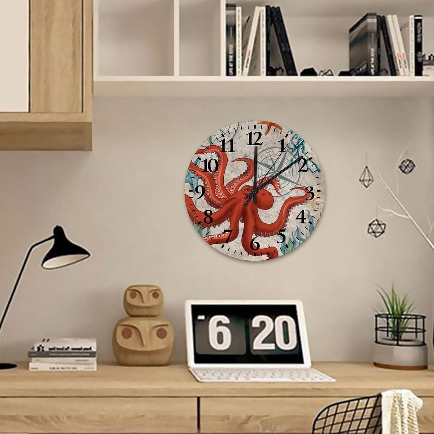 Ocean Animal Octopus Wall Clocks 12 Inch, Vintage Beach Theme Vintage Wall Clock Silent Non-Ticking Quartz Battery Operated Round Arabic Numbers Clock for Home Office School