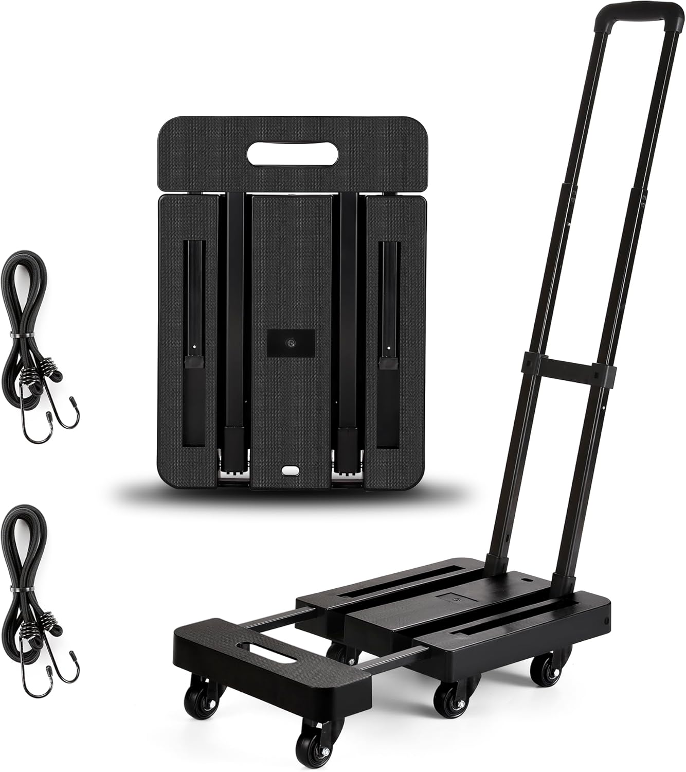 Black Folding Hand Truck, 500lbs Heavy Duty Dolly, Portable 6 Wheels Collapsible Luggage Cart with 2 Elastic Ropes for Moving, Travel, Shopping, House Office Use.