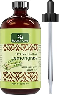 Beauty Aura Lemongrass Essential Oil * 4 Oz. Bottle * 100% Pure, Undiluted Therapeutic Grade Oils * Ideal for Aromatherapy