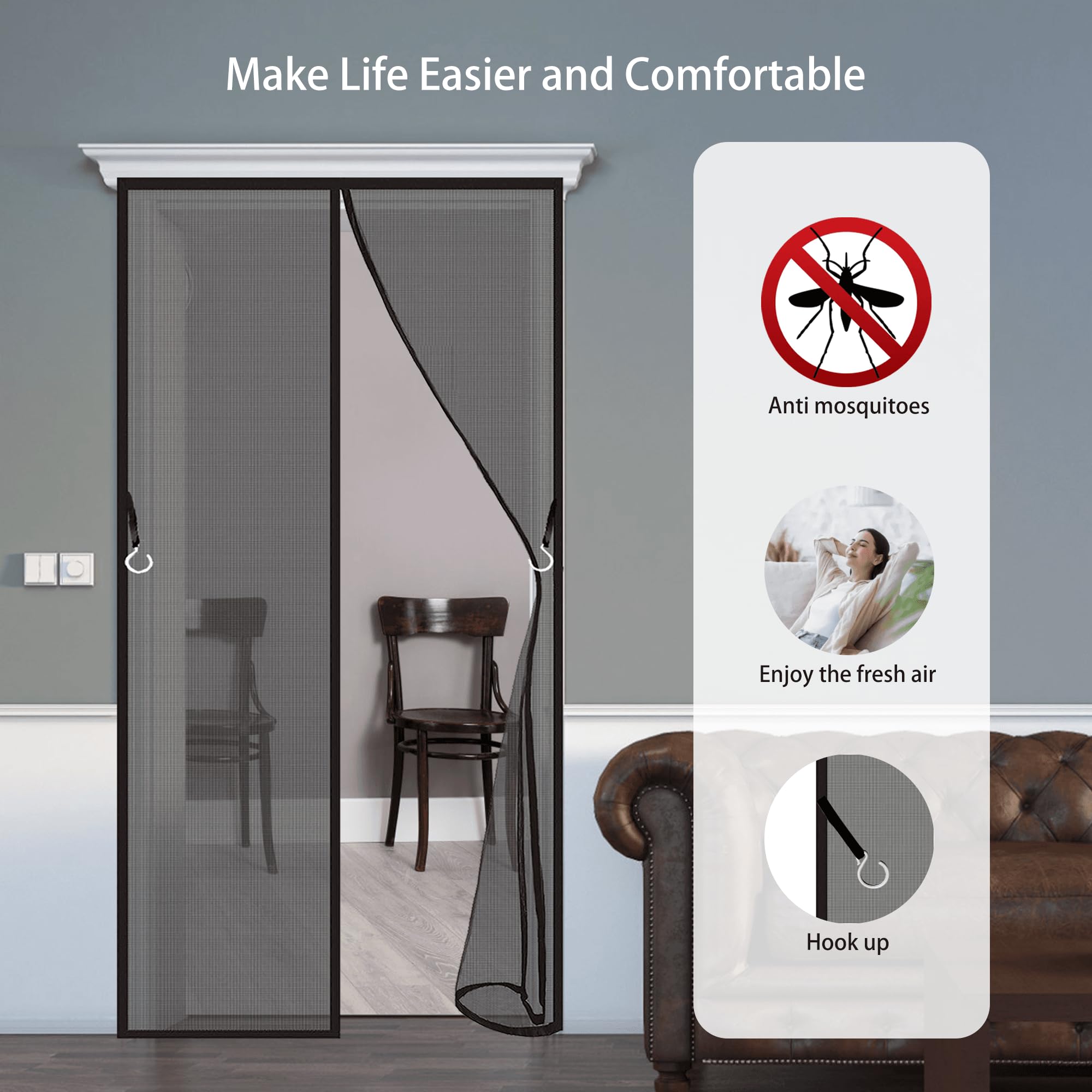 Moustiquaire Porte Fenêtre Aimantée 75 x 196 cm Rideau Anti Mouche Fermeture Automatique Installation Facile Sans Outils pour Porte de Balcon, de Cave et de Terrasse, Noir