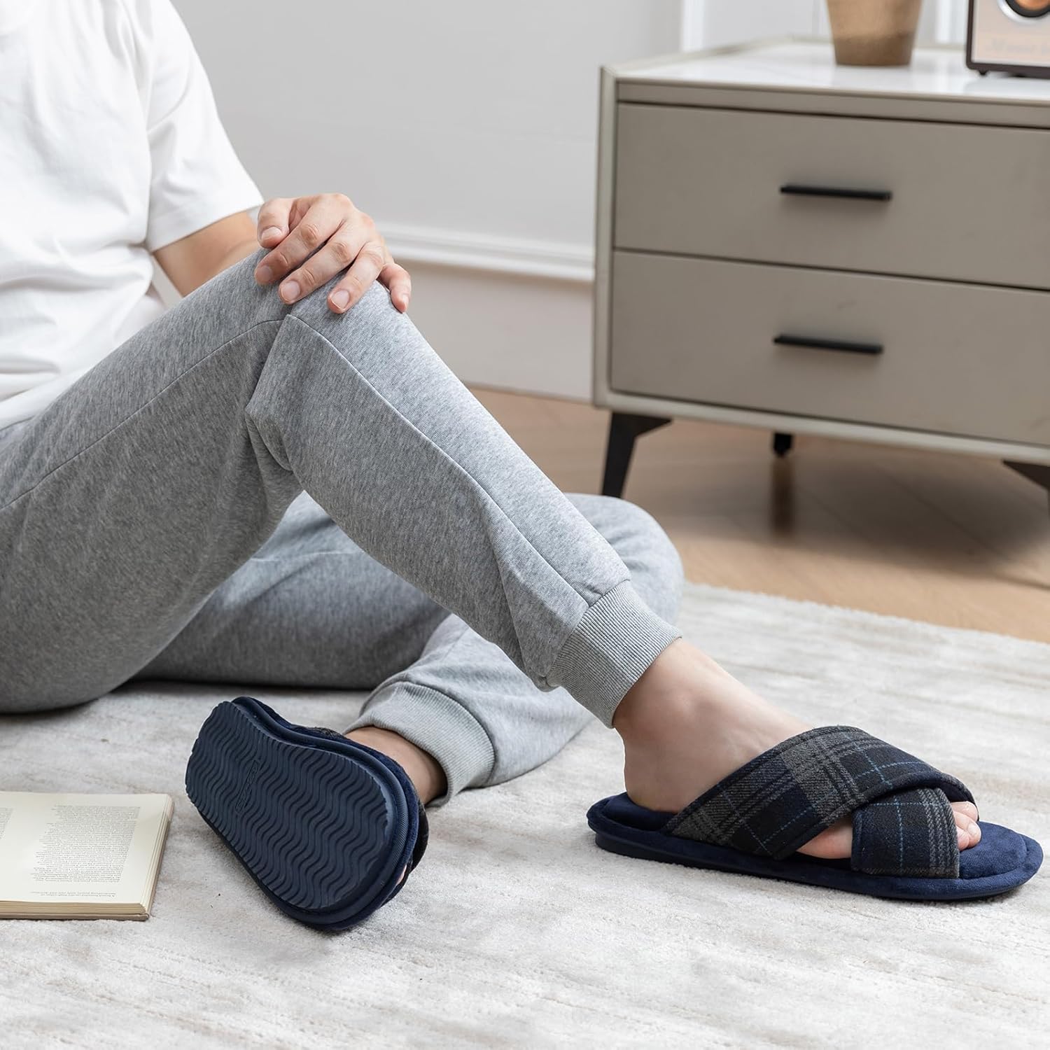 Mens Cozy Slippers Cross Band House Slippers with Memory Foam Soft Non-slip Indoor House Shoes Summer Breathable Slipper - Image 3