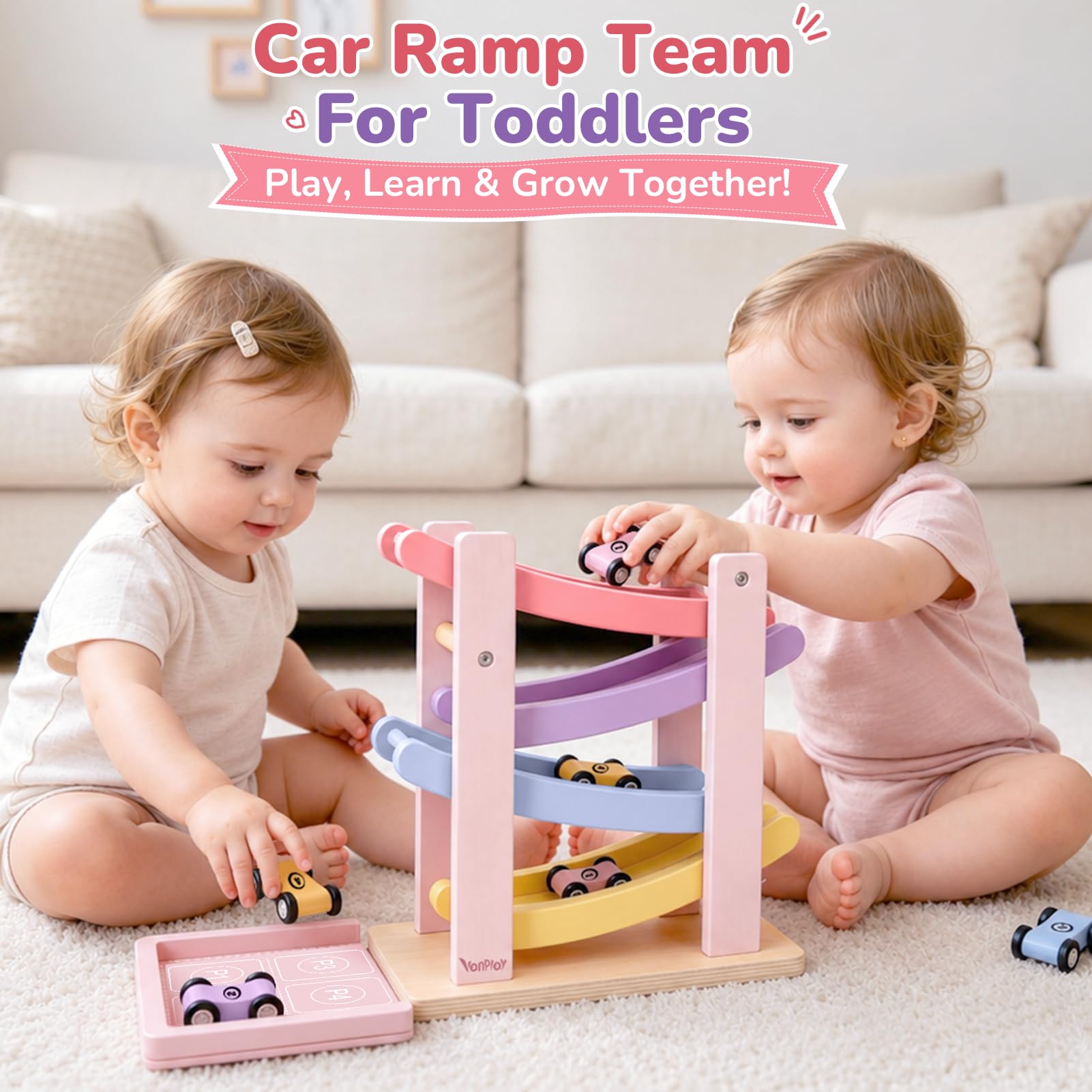 Vanplay Montessori Giocattolo per auto a partire da 1 anno, giocattolo in legno, a partire da 1 a 2 anni, regalo per bambini e bambine (Rosso)