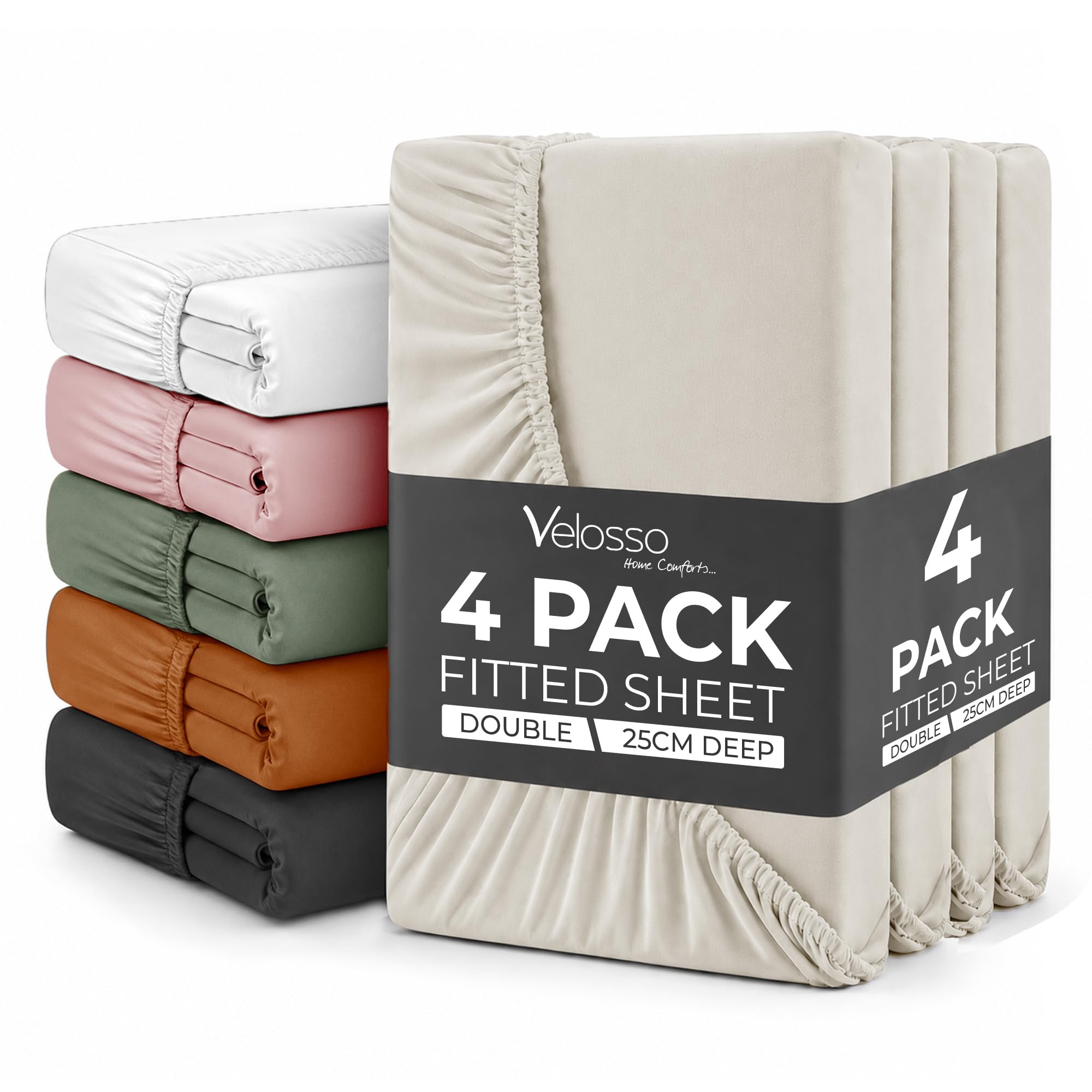 Plain Dye Fitted Sheet 25cms Pocket Soft Brushed Microfibre Fabric Mattress Bottom Bed Sheets (Cream, Double 4 Pack) โ image 1