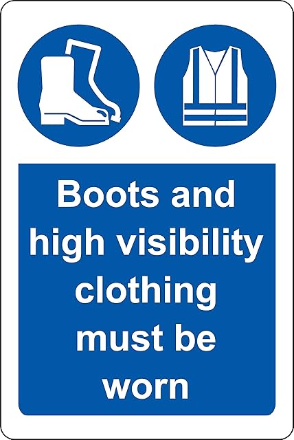Boots and high visibility clothing must be worn Construction safety sign - 1.2mm Rigid plastic 200mm x 150mm