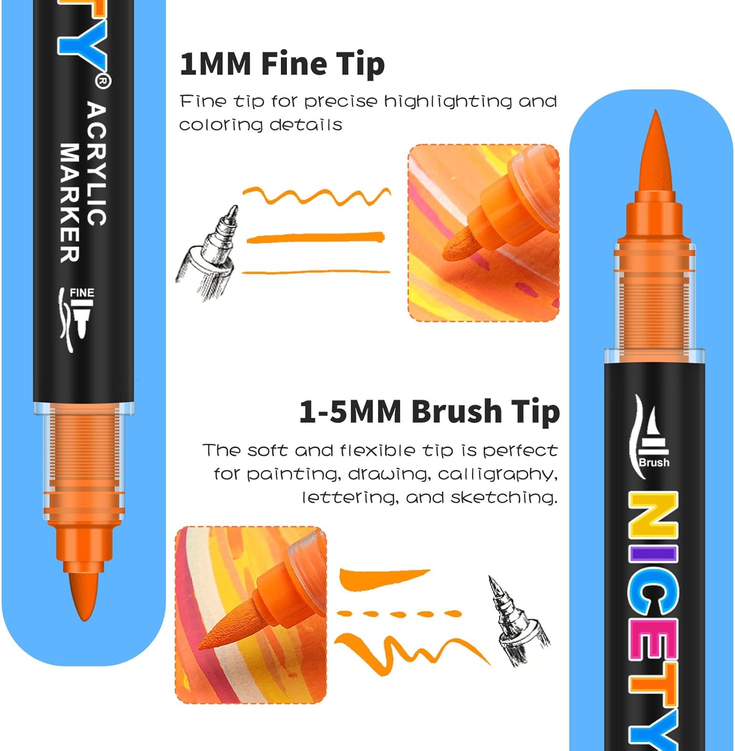 NICETY 108 Colors Acrylic Paint Markers – Dual Tip Acrylic Paint Pens with 1–5mm Brush Tip & 1mm Fine Tip – Water-Based Non-Bleed Acrylic Markers for Rock, Wood, Glass, Fabric, Metal, Ceramic, Canvas - Image 2