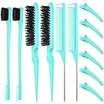 Remerry 12 Pieces Hair Brush Set, Nylon Teasing Hair Brushes 3 Row Salon Teasing Brush, Double Sided Edge Smooth Comb Grooming, Rat Tail Combs with Duckbill Clips for Women(Mint Green)