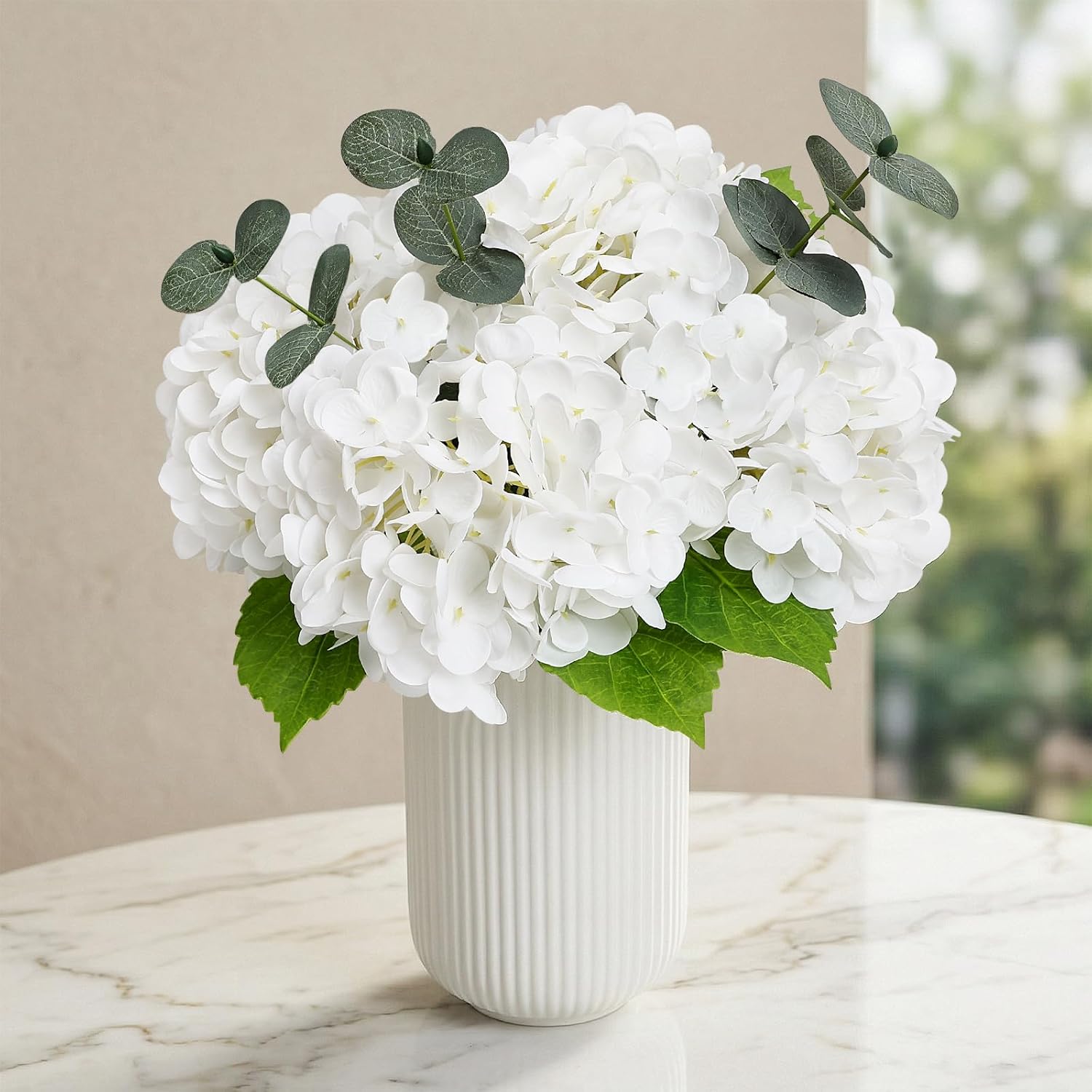 Fake Flowers in Vase - Hydrangea Artificial in Ceramic Vase with Eucalyptus Realistic Floral Arrangement for Living Room Kitchen Bathroom Bookshelf Entryway Table Decor - Pink