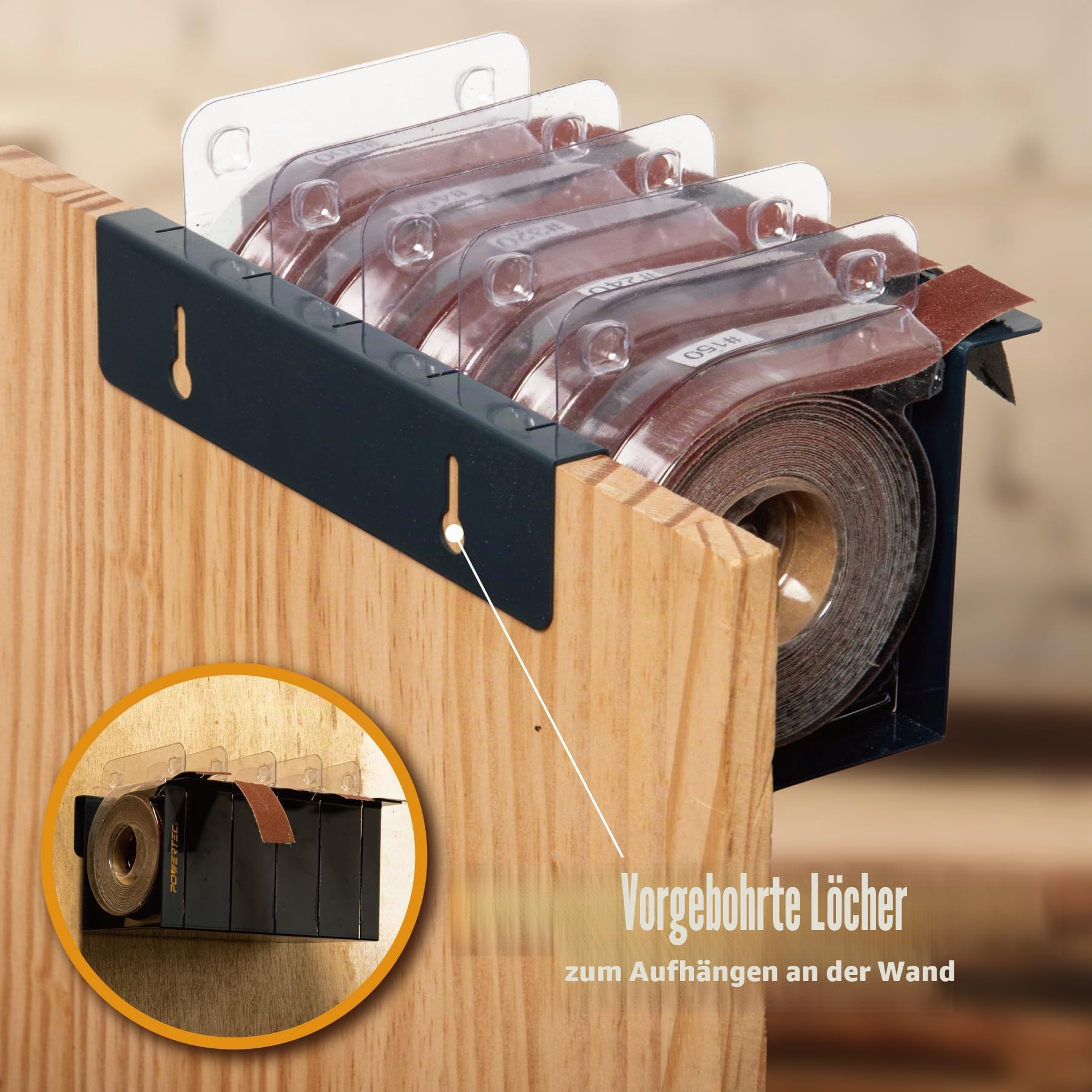 POWERTEC 4RA2101 Schleifpapierrollen aus Metall für Automobil/Holzbearbeitung | Schleifpapierspenderbox mit 5 Rollen zum Schleifen - inkl. verschiedenen Körnungen 150/240/320/400/600