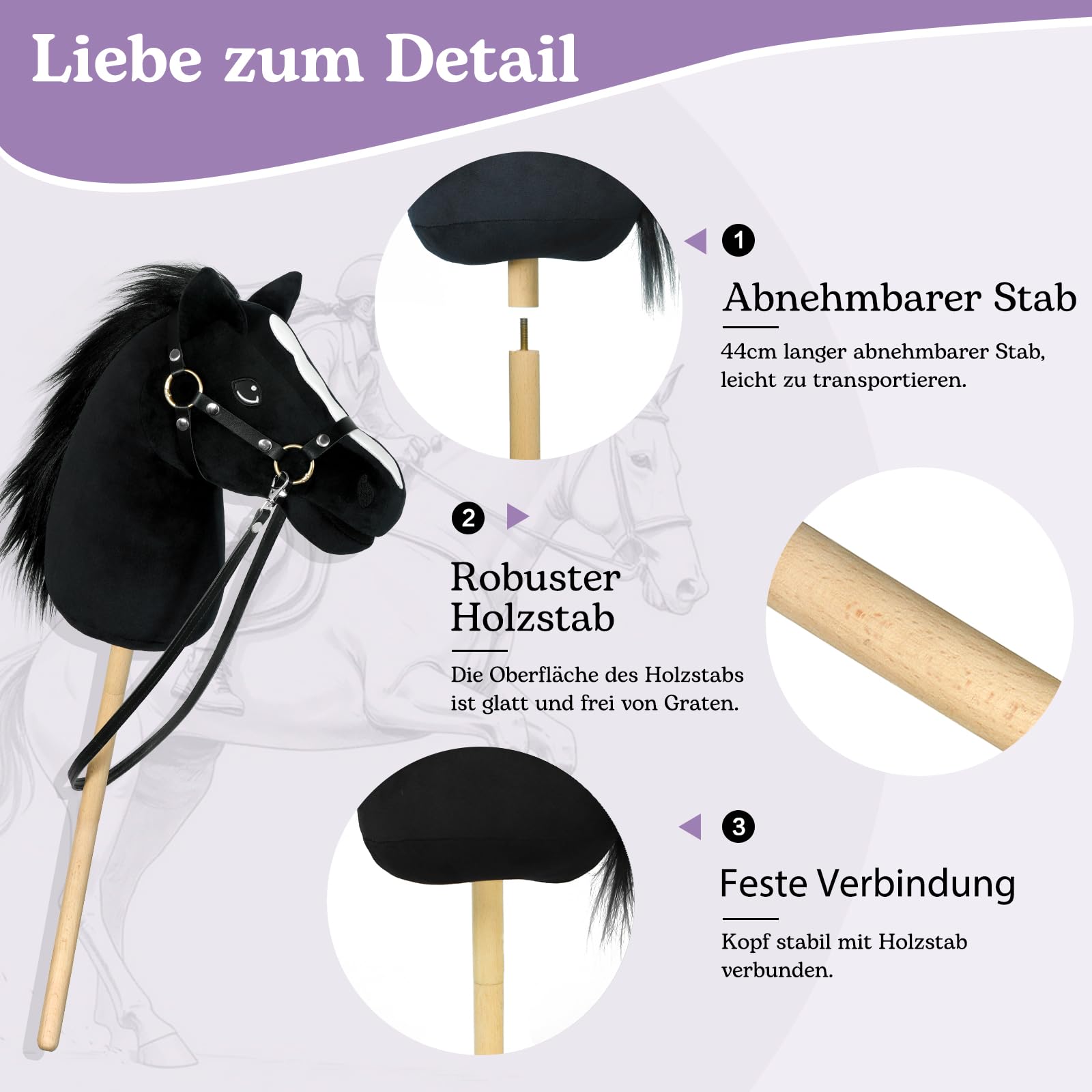 Hobby Horse - Koń na Kiju z Kantar i Ogłowiem (Czarny) | Duży Koń na Kiju dla Dzieci z Przykręcaną Tyczką 40 cm, Hobby Horse do Hobby Horsingu, do Zabaw w Odgrywanie Ról i Jazdy