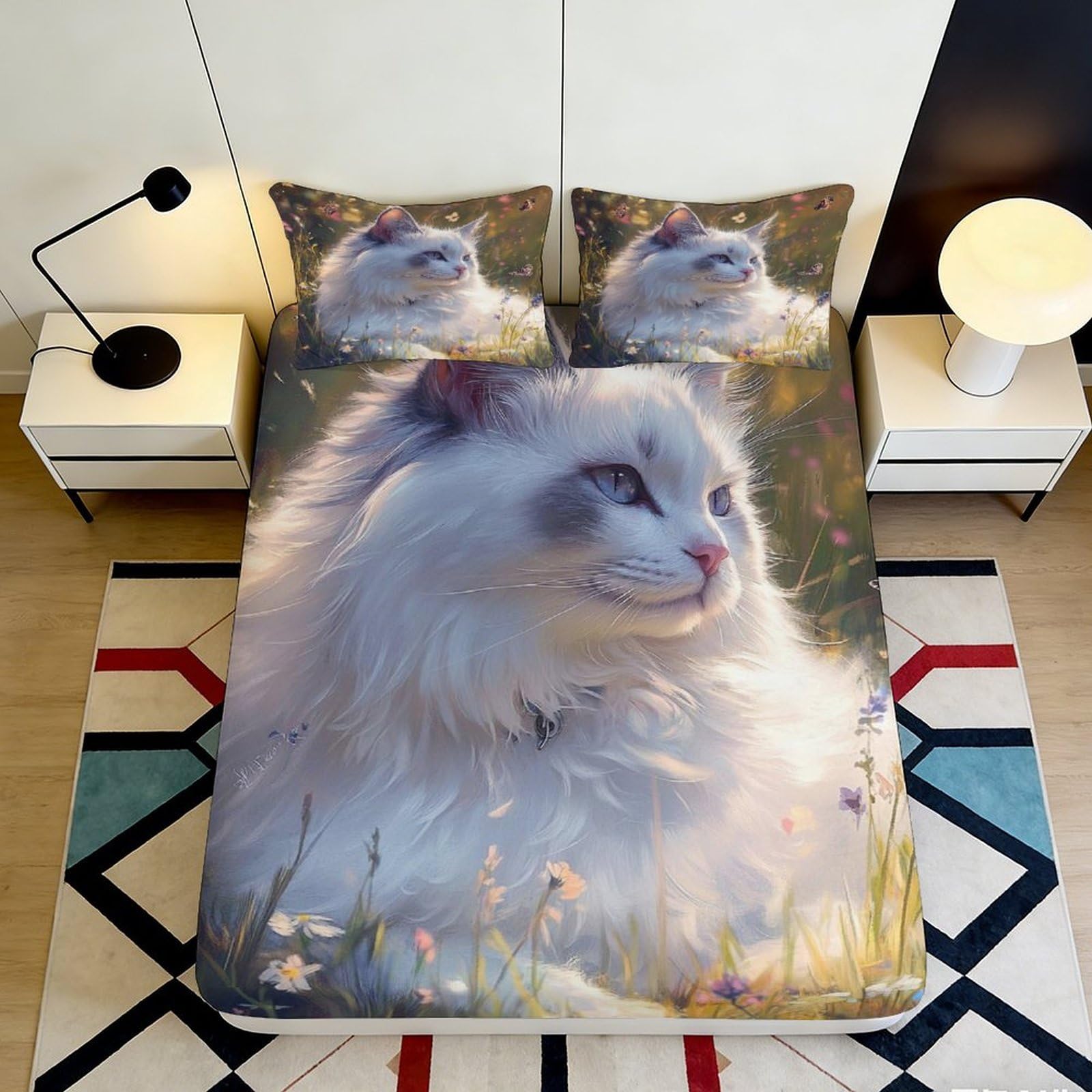Pnayamiorkfel Style-10 3D Printed White Cat Fitted Sheet Microfiber Soft Art Meadow Bed Cover For Bedroom Guest Room Protection Decor 90X200x25cm