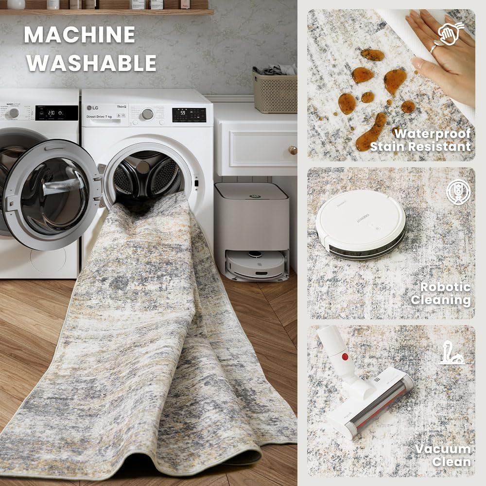 Area Rug 8x10 Washable Rug Grey and Beige for Living Room, Dining Room, Bedroom, Large Carpets, Non Slip & Non-Shedding Low Pile Vintage Print Rug for Home Office Decor