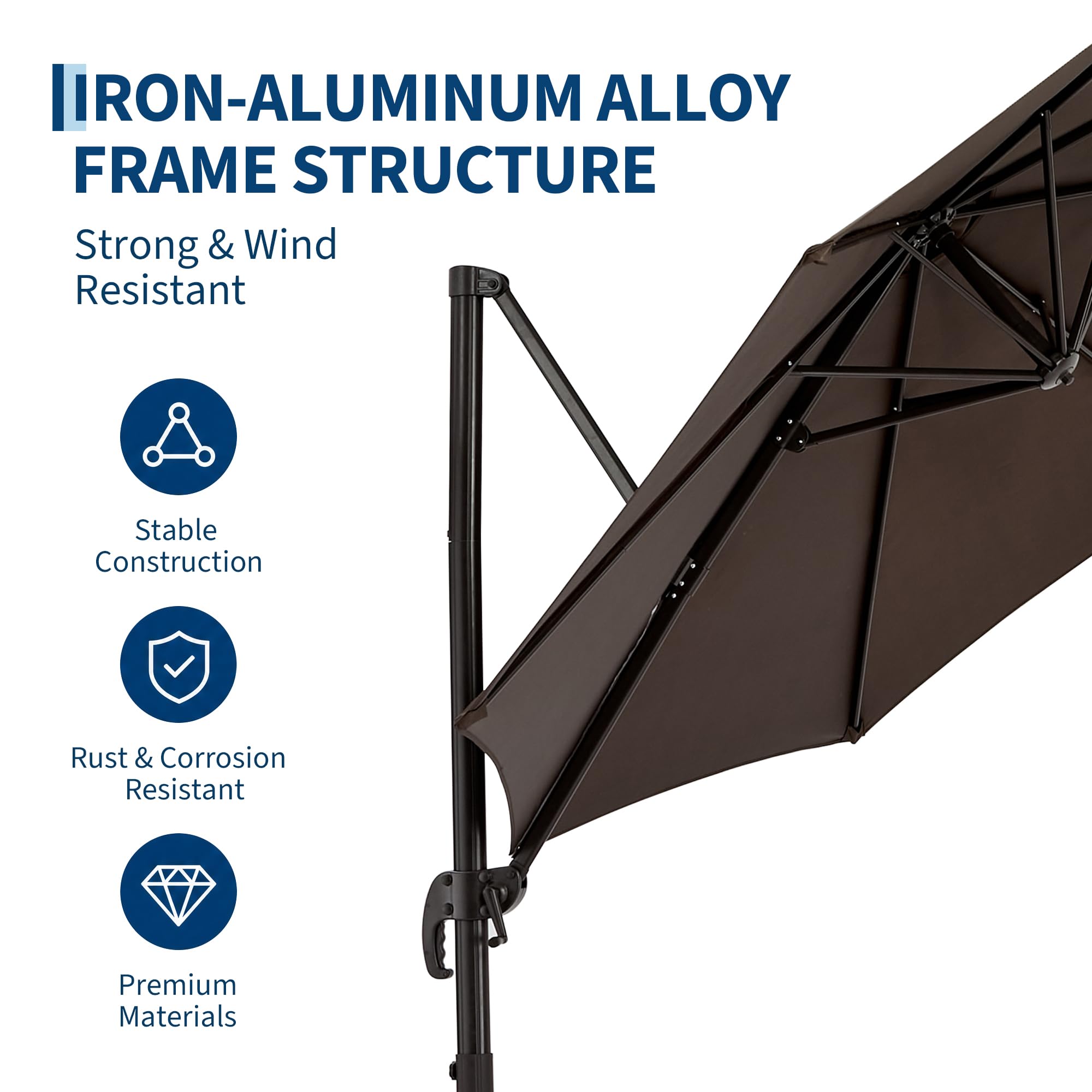 GarveeHome Sombrilla De Exterior Roma 300cm Sombrilla Patio Poste Lateral Aluminio Hierro Parasol Giratorio 360° Base En Cruz Toldo Poliéster 210PA Impermeable Gris-Marrón Para Jardín Terraza