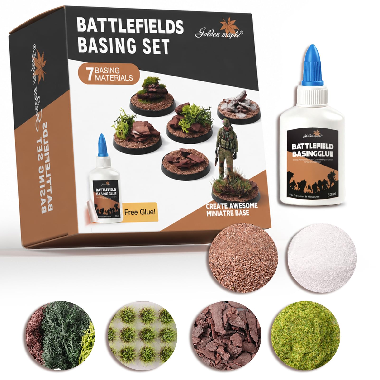 Golden Maple 7-in-1 Miniature Basing Set, Battlefield Terrain Scenery Kit with Glue, Shrubbery, Gravel, Snow, Static Grass for Wargame & Model Base Decor