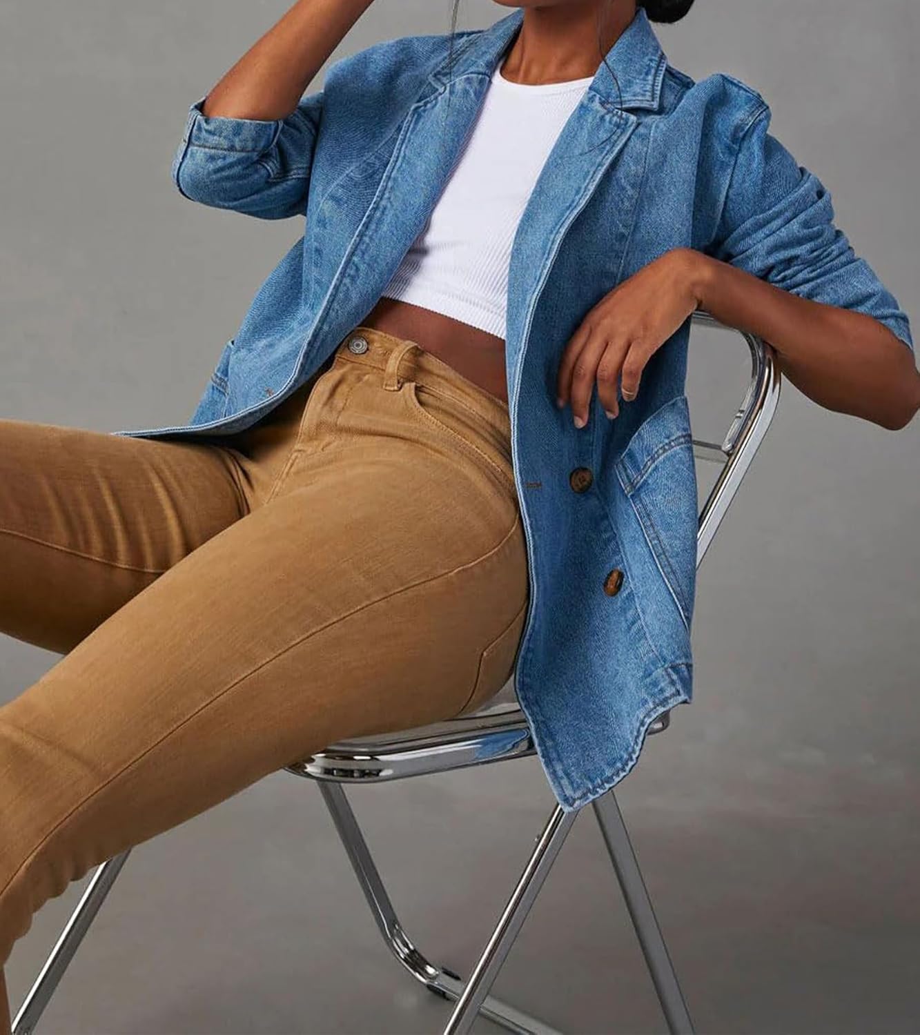 Tbahhir Women Blazer Denim Jacket Long Sleeve Casual Open Front Business Office Jean Trendy Coat with Pockets - Image 5