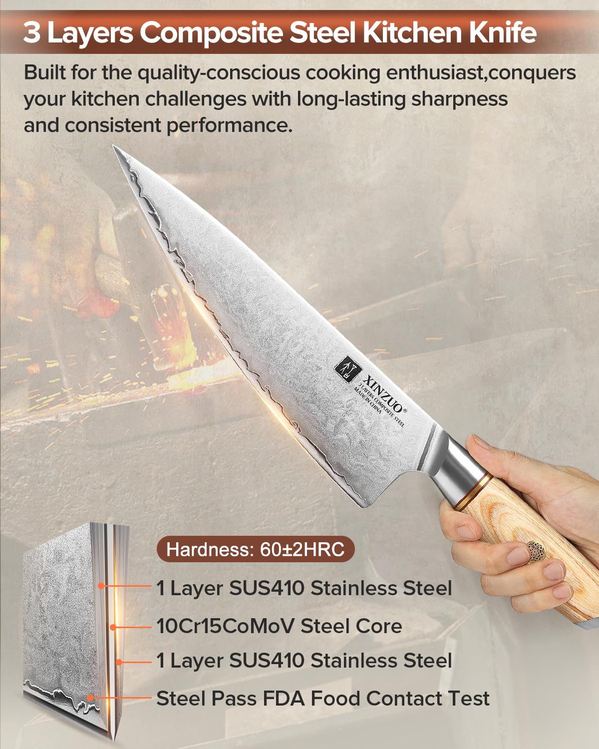 XINZUO Cuchillo de Chef y de Cocinero Profesional 21.2cm - Cuchillo Gyuto Afilado de Cocina 10Cr15CoMoV de Acero Compuesto de 3 Capas - Mango de Madera Pakka