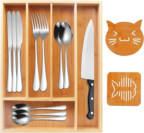 KAKUNM Organizador de cajones de utensilios de cocina, organizador de cubiertos de bambú de 13 pulgadas para cajones, bandeja de cubiertos con 2