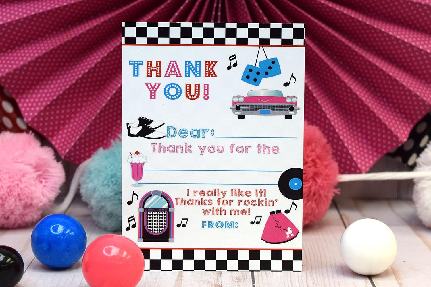50's Sock Hop Themed Thank You Notes for Kids, 10 4" X 5.5" Fill in the Blank Cards with 10 White Envelopes by AmandaCreation